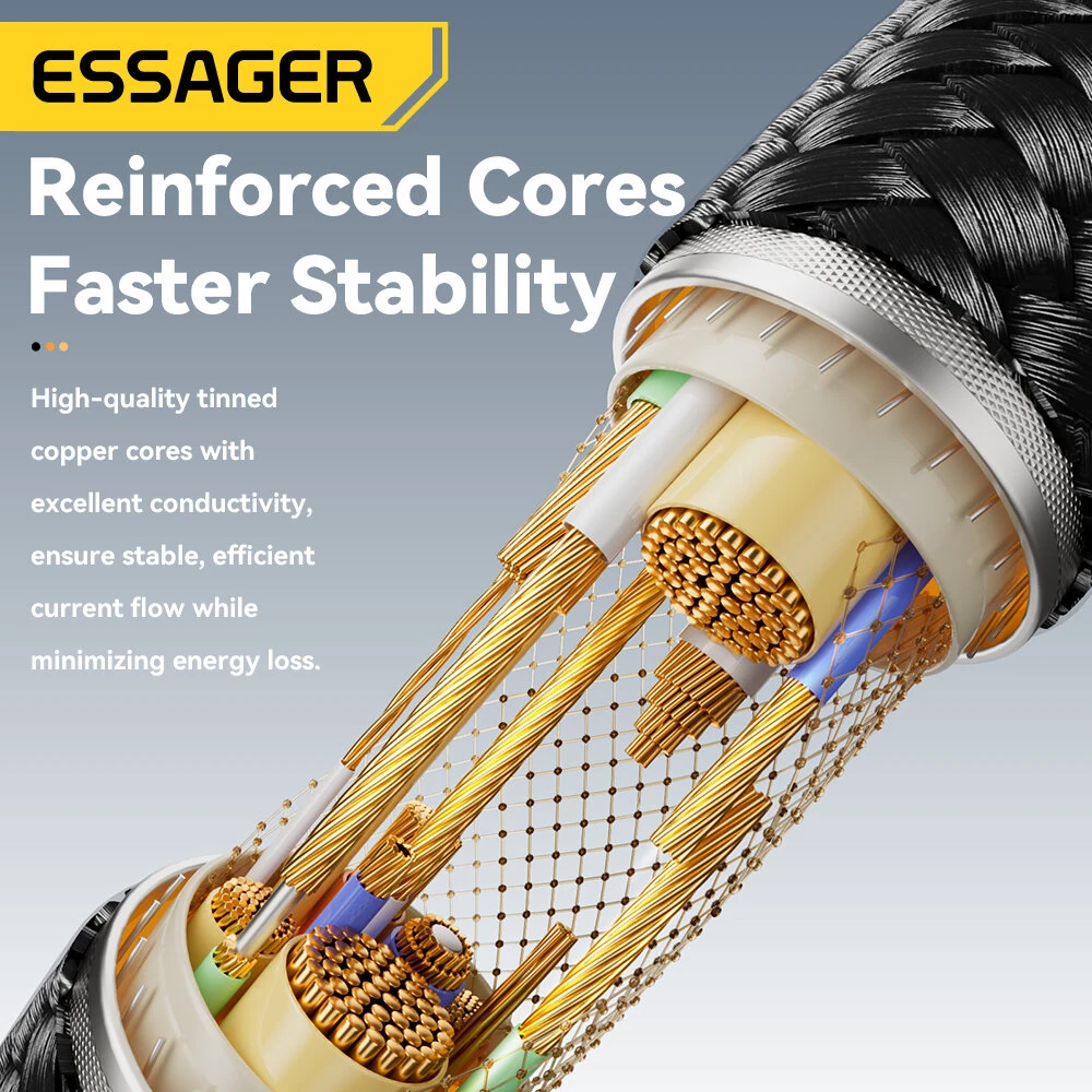 ESSAGER ES-X70 5A 100W USB-A/Type-C to Type-C/iP Digital Display Cable Fast Charging Data Transmission Tinned Copper Core Line 0.25M/1M/2M Long for iPhone 16 16 Pro 15 14 13 for Huawei Pura X for Xiaomi 15 Ultra for Samsung Galaxy S25 Ultra — view 7