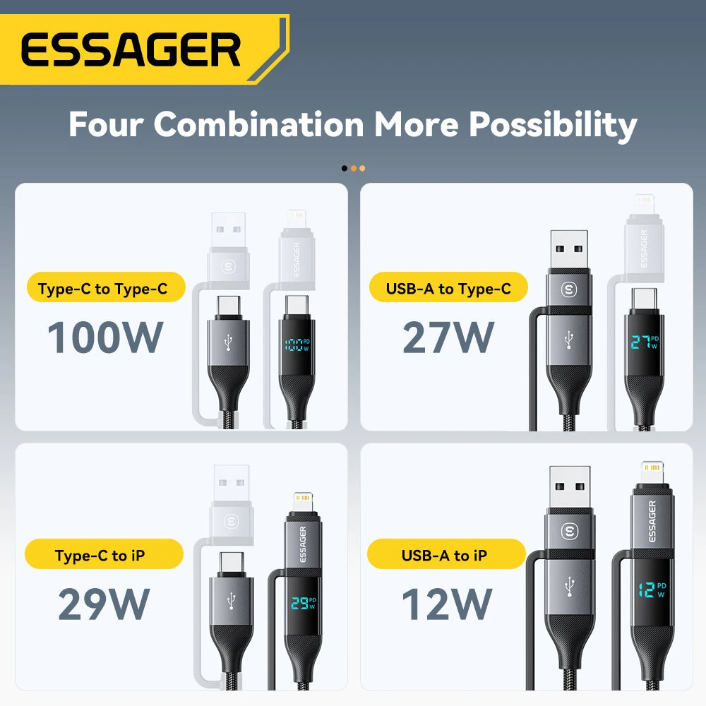 ESSAGER ES-X70 5A 100W USB-A/Type-C to Type-C/iP Digital Display Cable Fast Charging Data Transmission Tinned Copper Core Line 0.25M/1M/2M Long for iPhone 16 16 Pro 15 14 13 for Huawei Pura X for Xiaomi 15 Ultra for Samsung Galaxy S25 Ultra — view 9