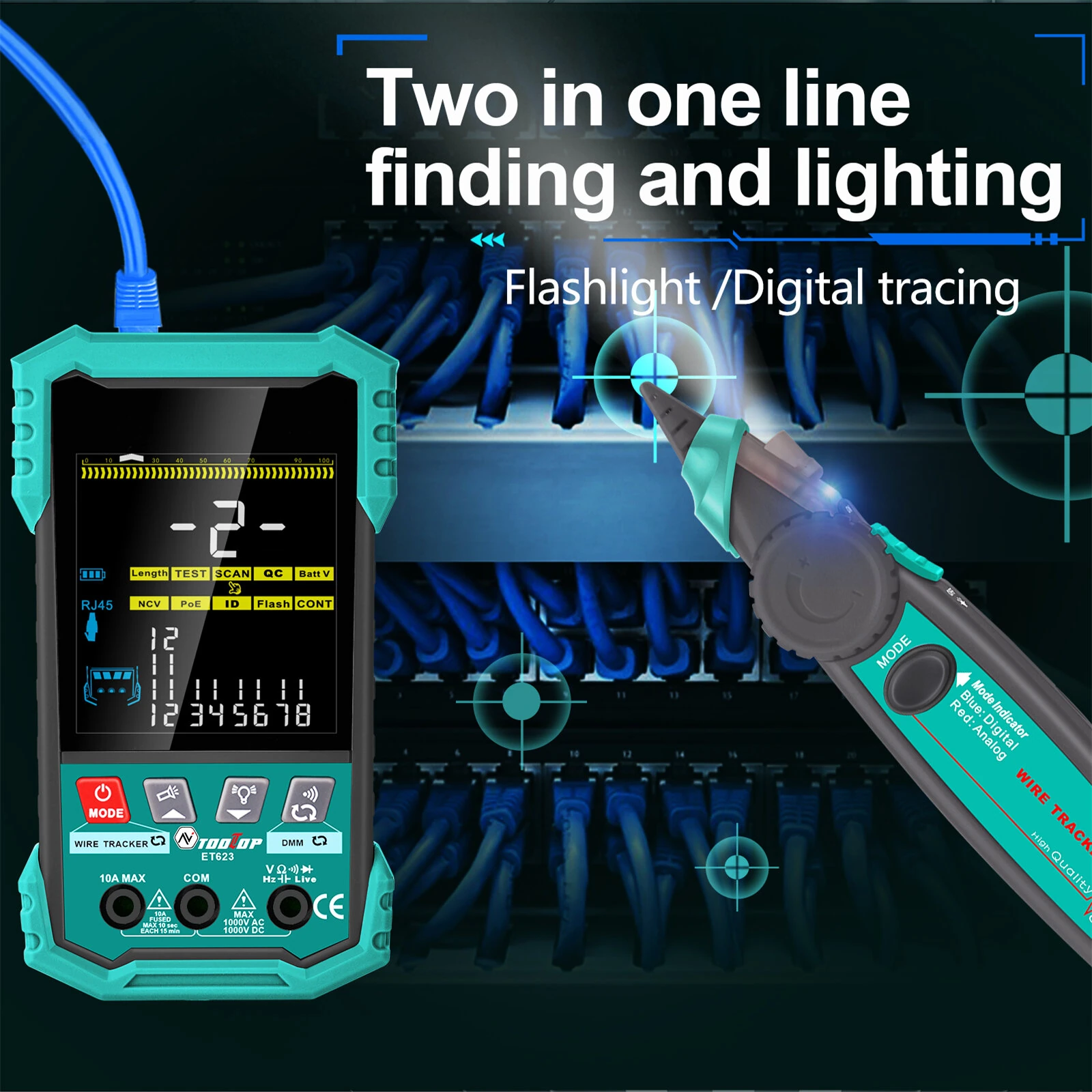ET622 ET623 Wire Tracker Cable Tester Multimeter Adjustable NCV POE Voltage Testing 6000 Count Screen Network Cable Measurement 400m Accurate — view 6