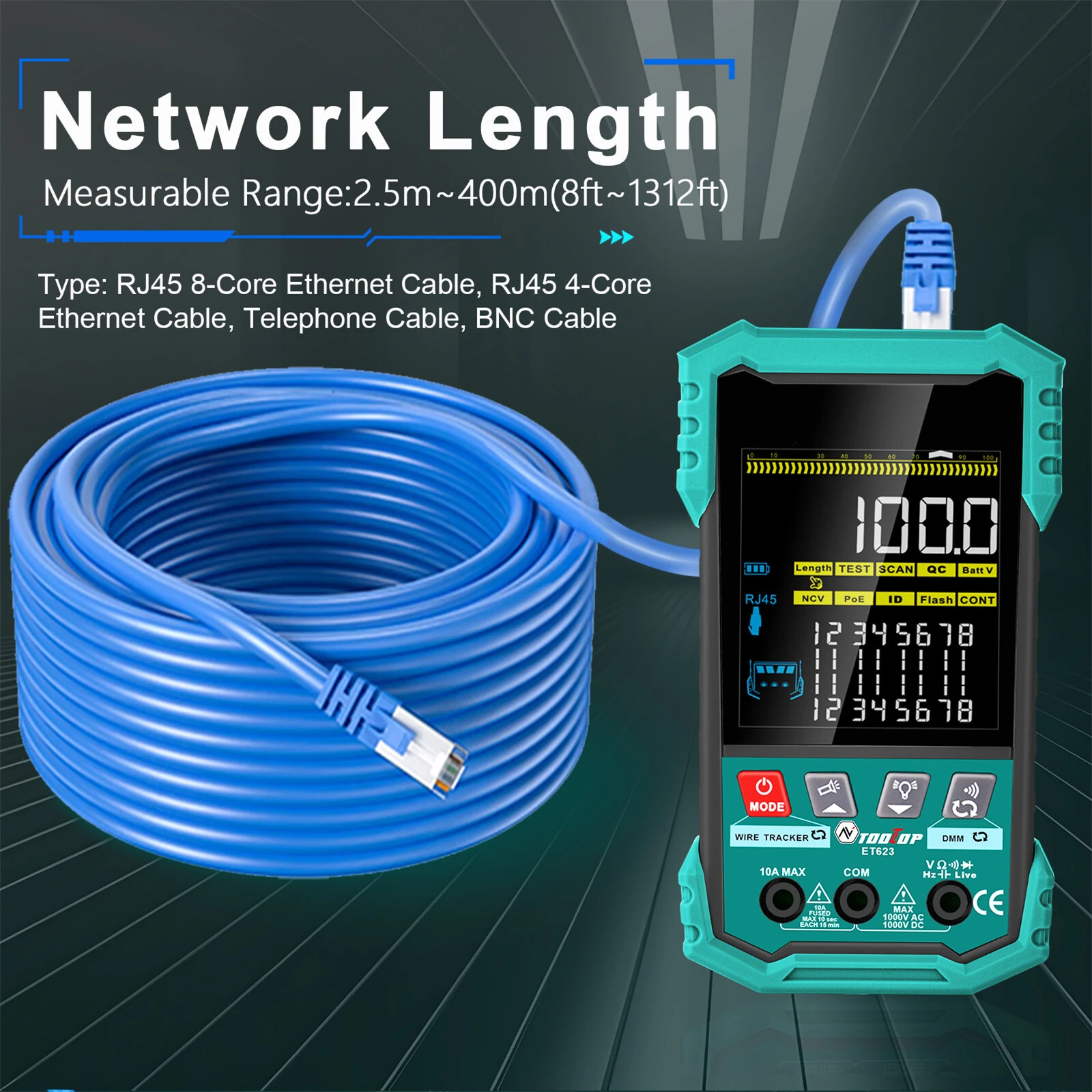 ET622 ET623 Wire Tracker Cable Tester Multimeter Adjustable NCV POE Voltage Testing 6000 Count Screen Network Cable Measurement 400m Accurate — view 7