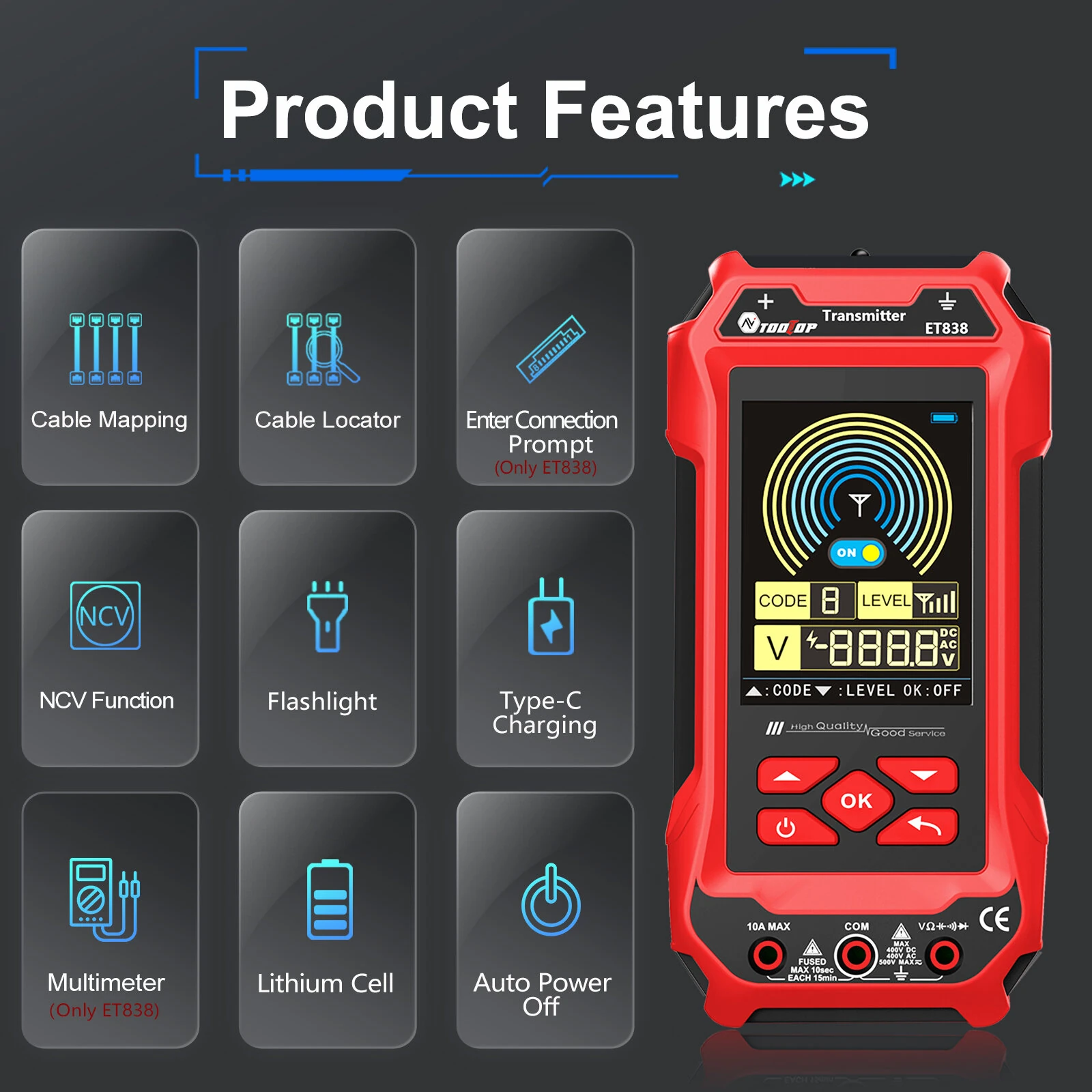 ET836 ET838 Underground Cable Tester Locator Wire Tracker Detection Multimeter Wall Electrical Lines Water and Gas Supply Pipeline Path — view 2