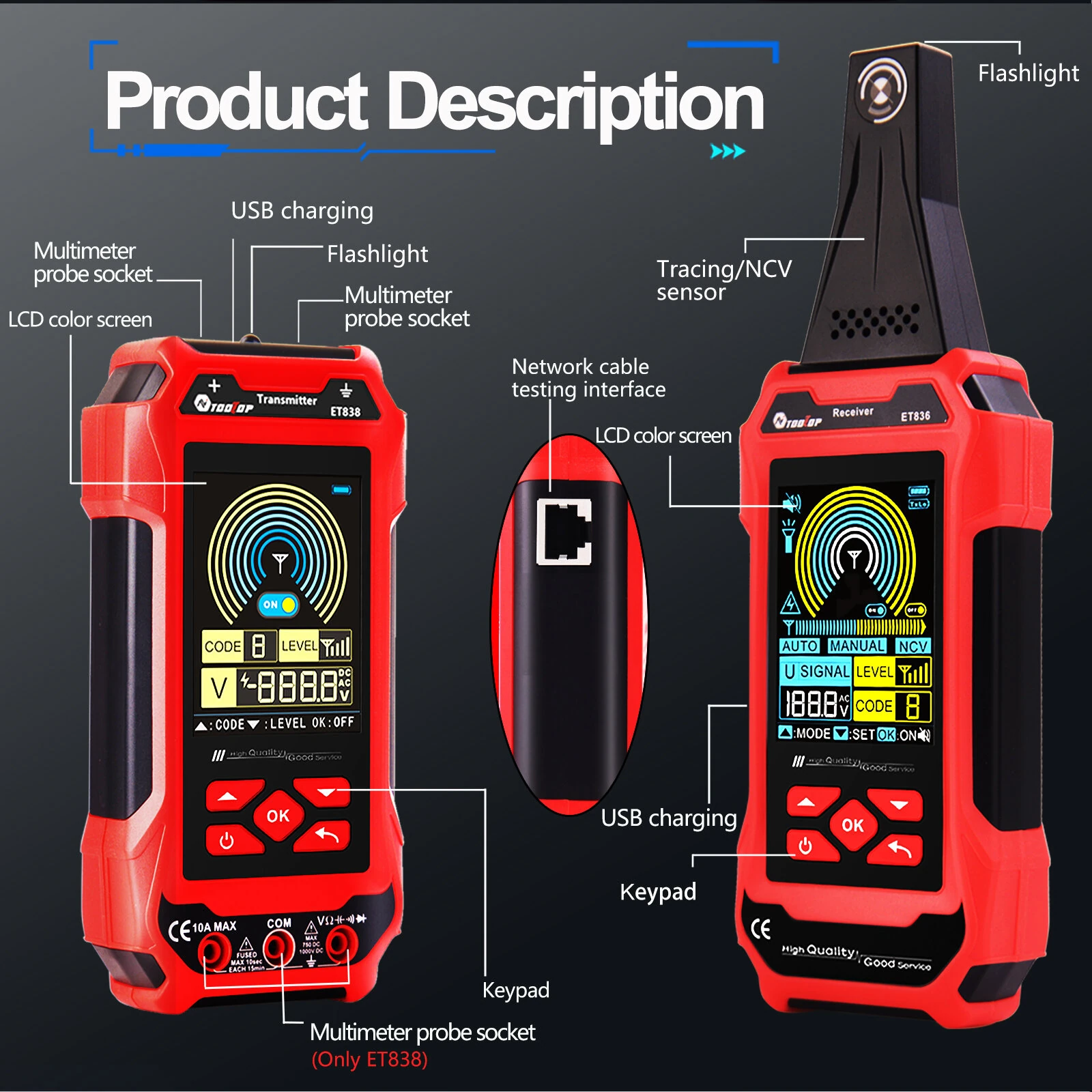 ET836 ET838 Underground Cable Tester Locator Wire Tracker Detection Multimeter Wall Electrical Lines Water and Gas Supply Pipeline Path — view 6