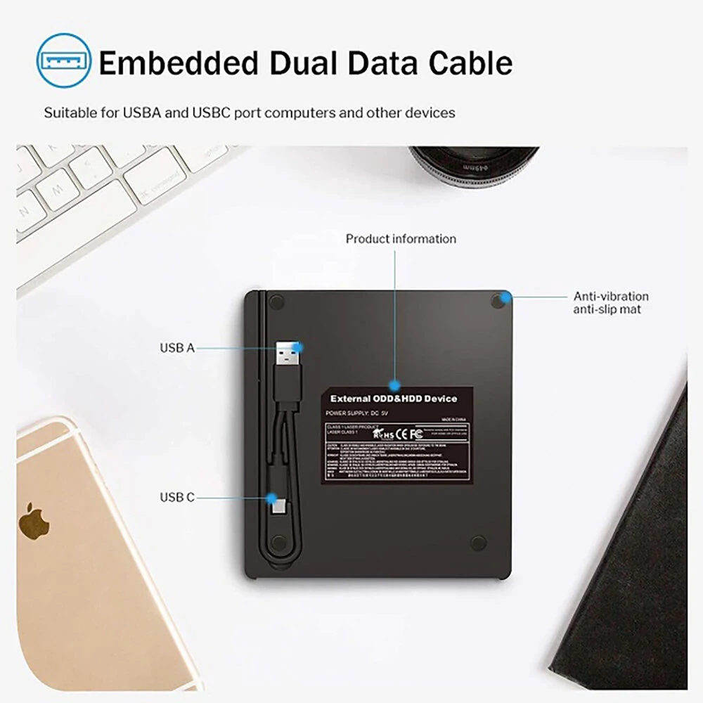 External CD/DVD Drive USB 3.0 Type-C 6 in 1 DVD Drive Player Optical Drive With SD/TF & USB3.0 Slots Optical Drives For PC Laptop — view 5