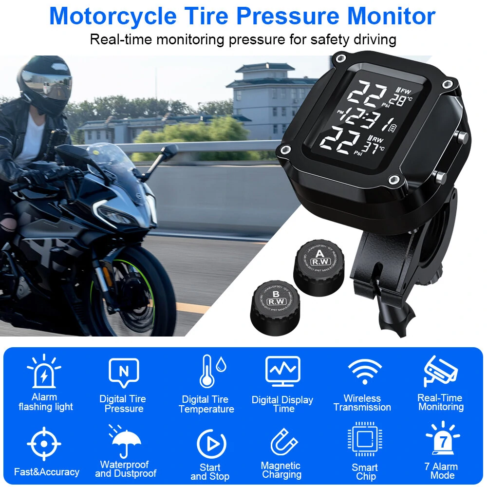 Extractme Wireless TPMS Motorcycle Tyre Temperature Alarm Sensor USB Charging LCD Display Tire Pressure Monitoring System — view 5