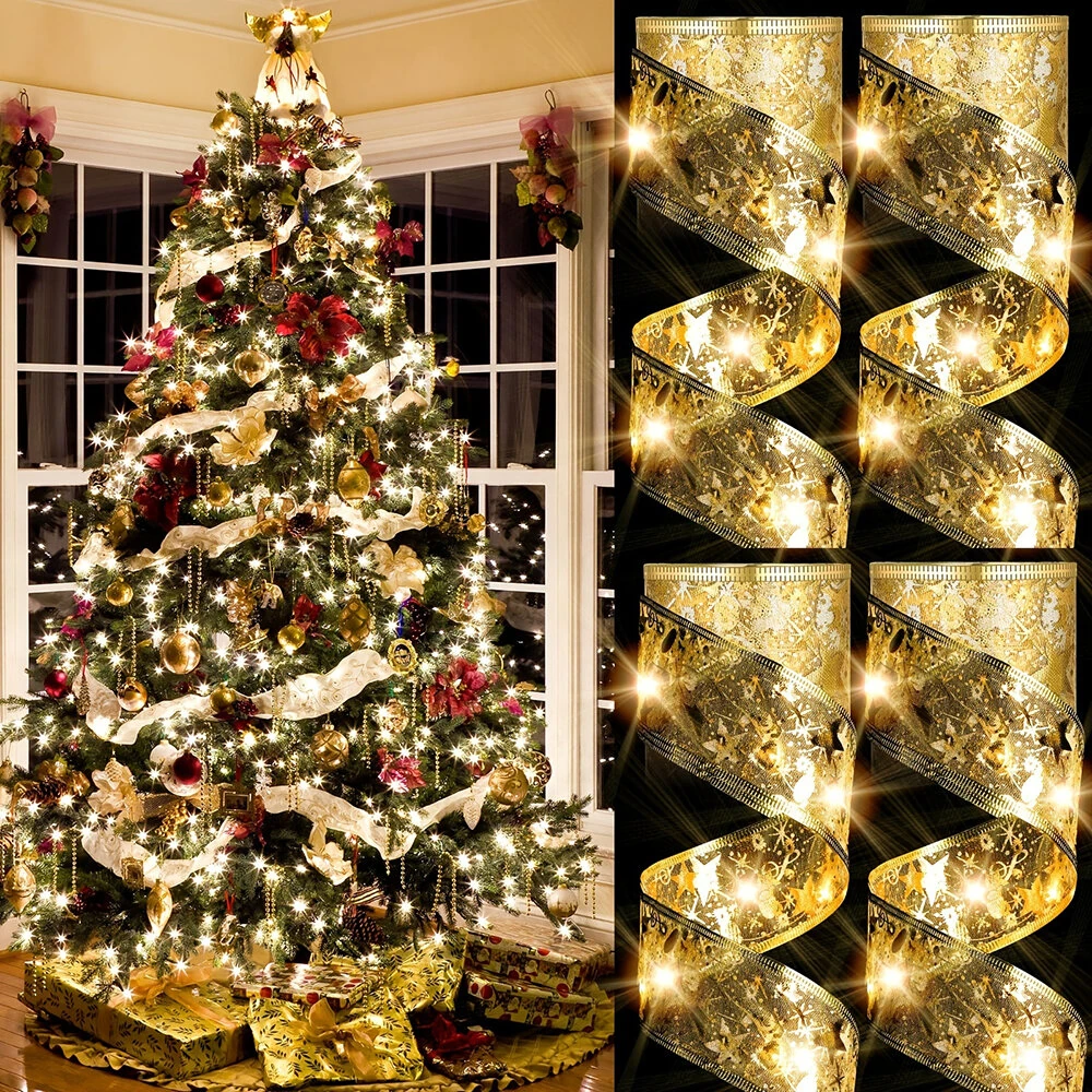 Festive Home Decor Ornament Christmas Tree Decoration Ribbon LED String Lights Christmas Tree Decoration Ribbon Led Light String Lights With Holiday Gift Box Bow Satin Copper Wire Lights — view 10