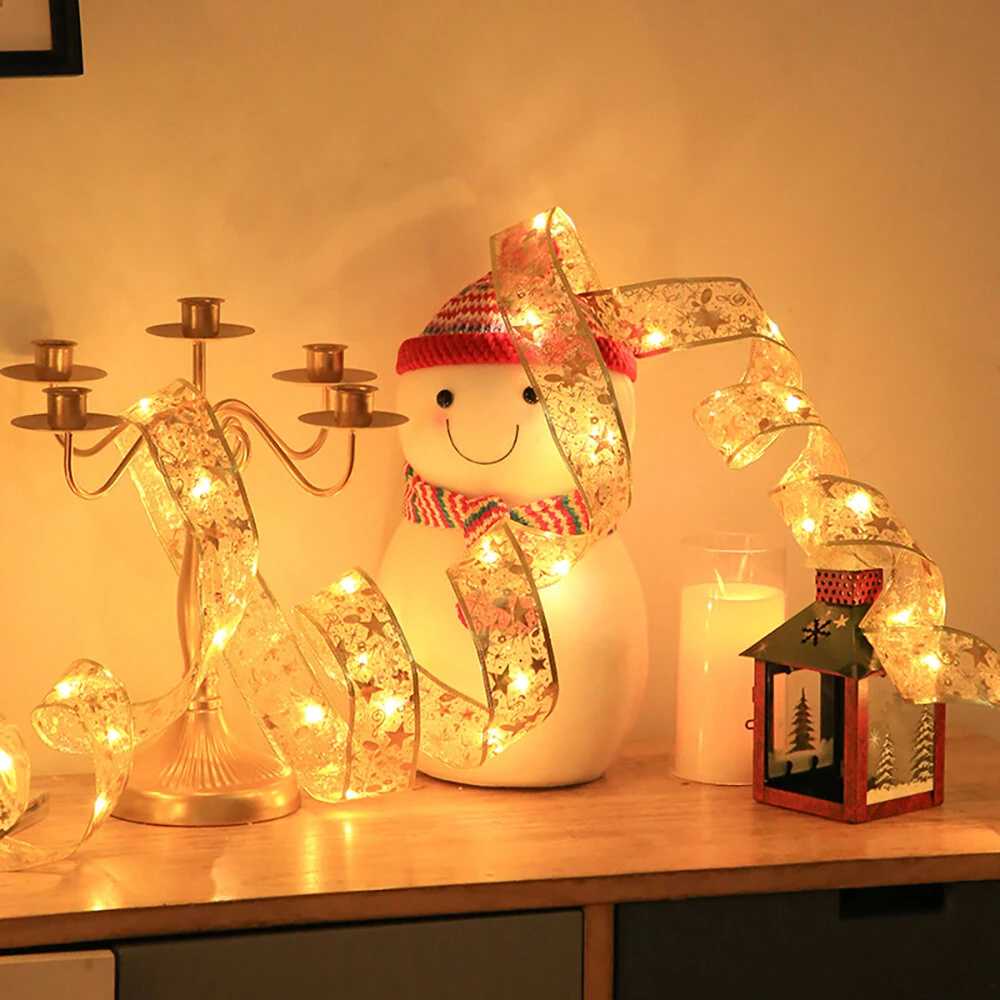 Festive Home Decor Ornament Christmas Tree Decoration Ribbon LED String Lights Christmas Tree Decoration Ribbon Led Light String Lights With Holiday Gift Box Bow Satin Copper Wire Lights — view 2