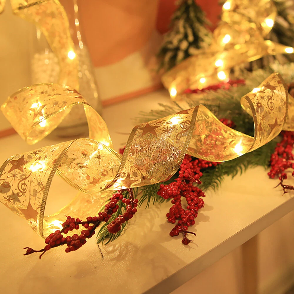 Festive Home Decor Ornament Christmas Tree Decoration Ribbon LED String Lights Christmas Tree Decoration Ribbon Led Light String Lights With Holiday Gift Box Bow Satin Copper Wire Lights — view 3