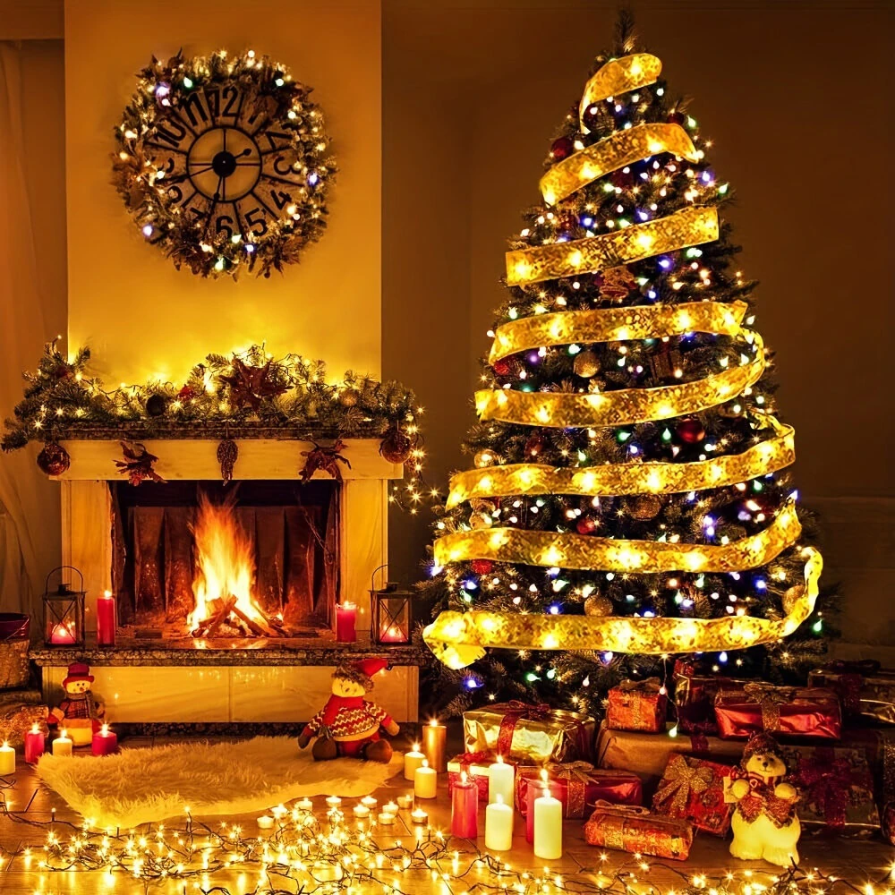 Festive Home Decor Ornament Christmas Tree Decoration Ribbon LED String Lights Christmas Tree Decoration Ribbon Led Light String Lights With Holiday Gift Box Bow Satin Copper Wire Lights — view 6
