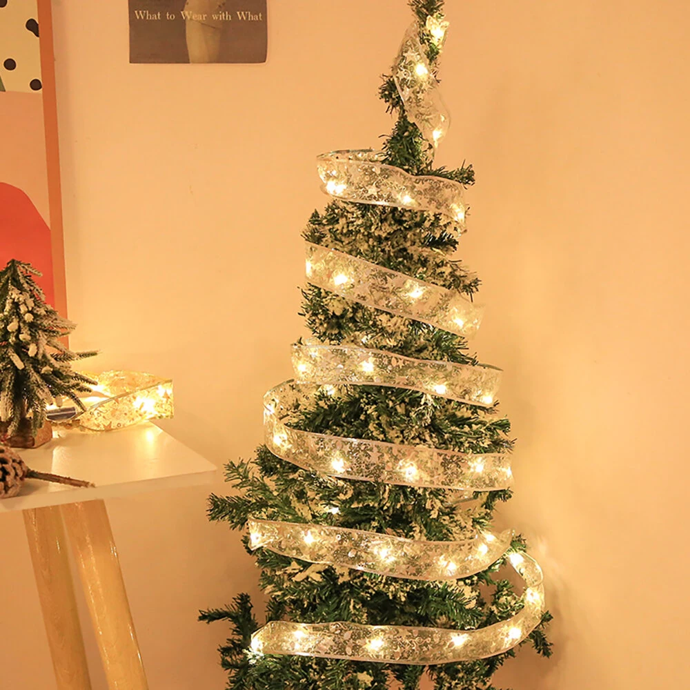 Festive Home Decor Ornament Christmas Tree Decoration Ribbon LED String Lights Christmas Tree Decoration Ribbon Led Light String Lights With Holiday Gift Box Bow Satin Copper Wire Lights — view 8
