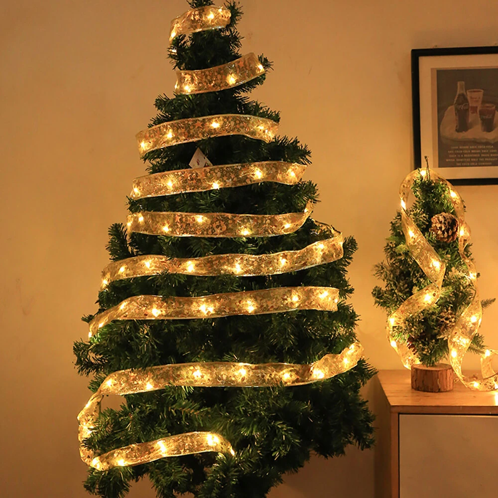 Festive Home Decor Ornament Christmas Tree Decoration Ribbon LED String Lights Christmas Tree Decoration Ribbon Led Light String Lights With Holiday Gift Box Bow Satin Copper Wire Lights — view 9