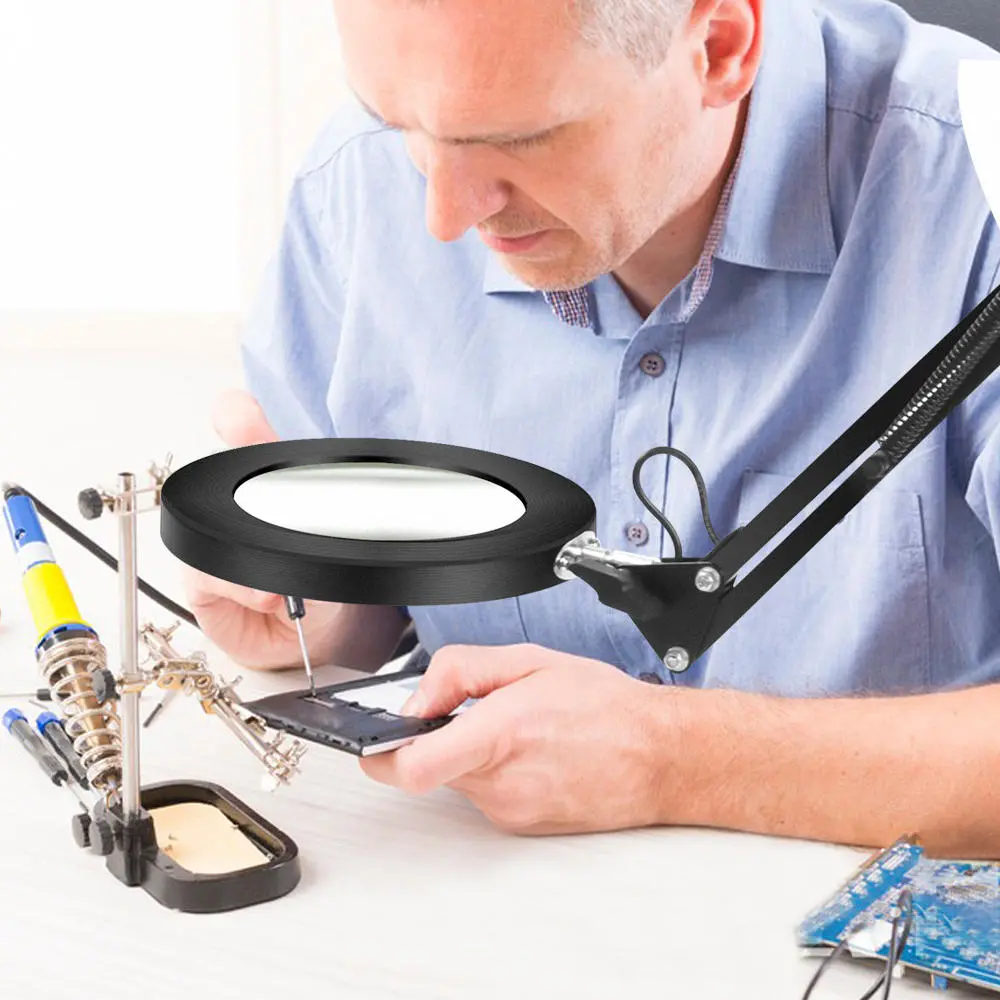 Flexible Desk Large 22cm+22cm 5X USB LED Magnifying Glass 3 Colors Illuminated Magnifier Lamp Loupe Reading/Rework Soldering with with Short Bracket — view 2