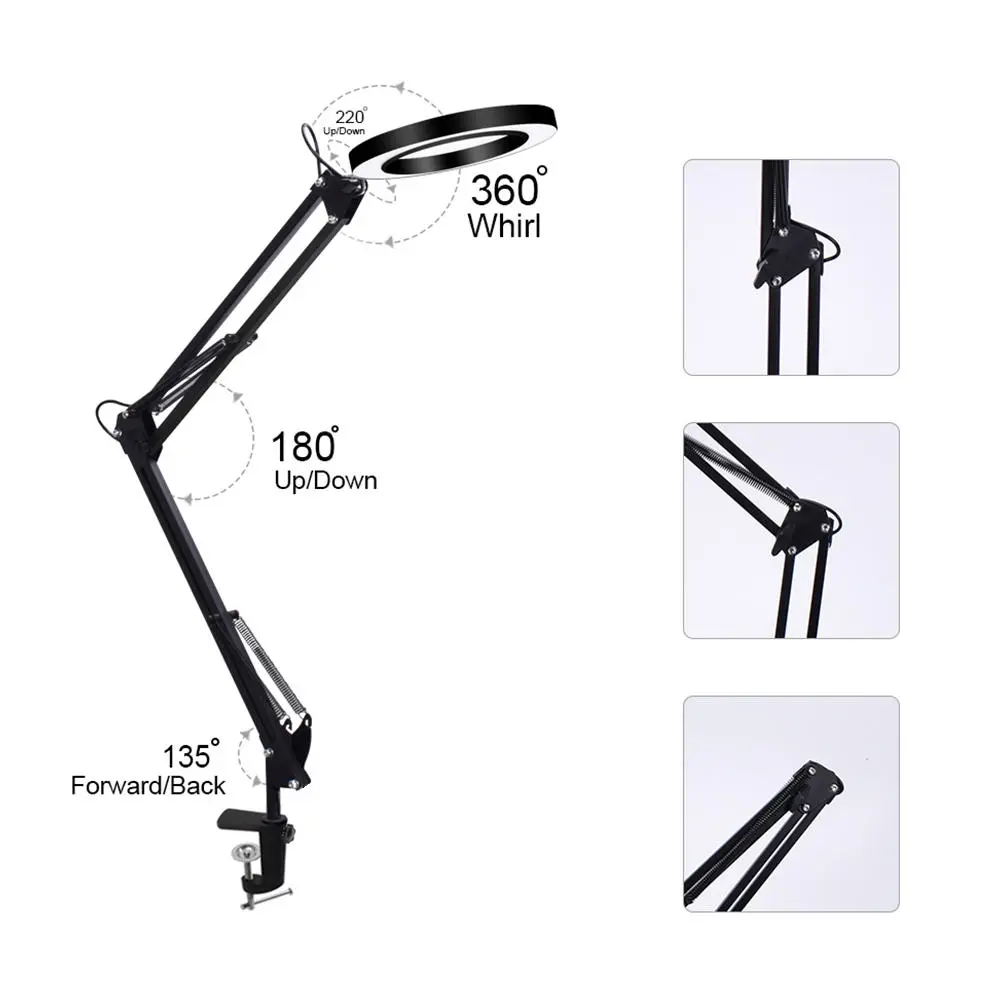 Flexible Desk Large 22cm+22cm 5X USB LED Magnifying Glass 3 Colors Illuminated Magnifier Lamp Loupe Reading/Rework Soldering with with Short Bracket — view 4