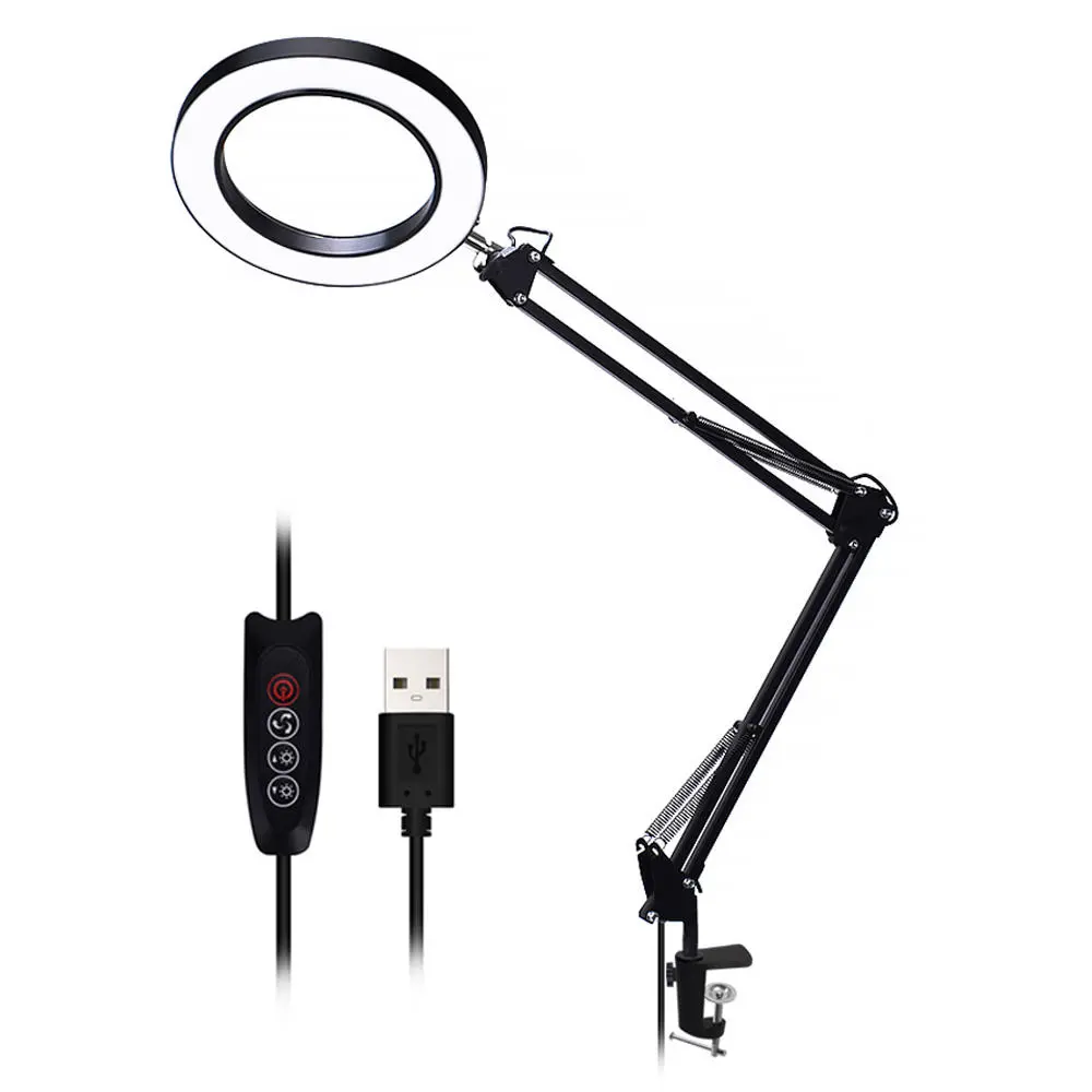 Flexible Desk Large 22cm+22cm 5X USB LED Magnifying Glass 3 Colors Illuminated Magnifier Lamp Loupe Reading/Rework Soldering with with Short Bracket — view 5