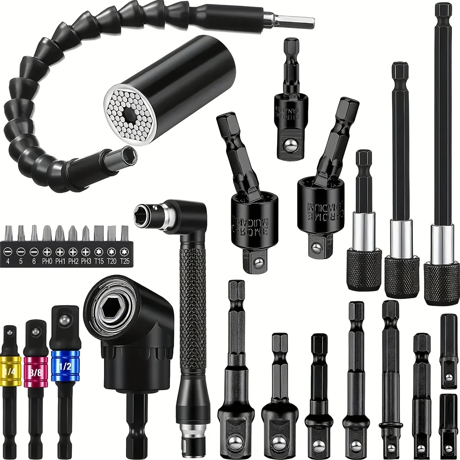 Flexible Shaft Drill Bit Extension Set 31pcs Universal Right Angle Screwdriver Hex Socket Adapter Power Drill Attachment Metal Tool — view 2