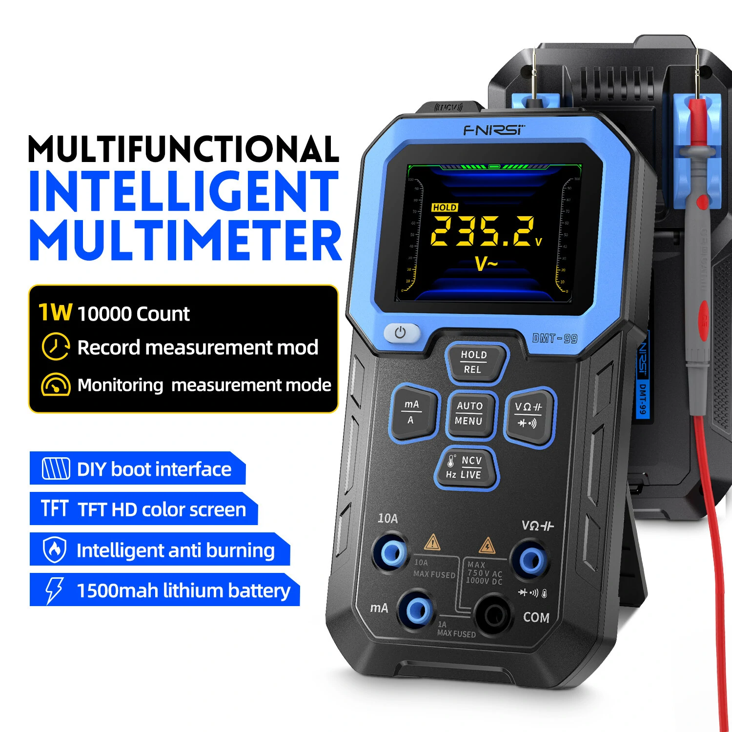 FNIRSI DMT-99 Digital Multimeter Intelligent Automatic Recognition Multiple Measurement Modes Recording Function Long-Lasting 1500mah Lithium Battery for Efficient Accurate Readings — view 3