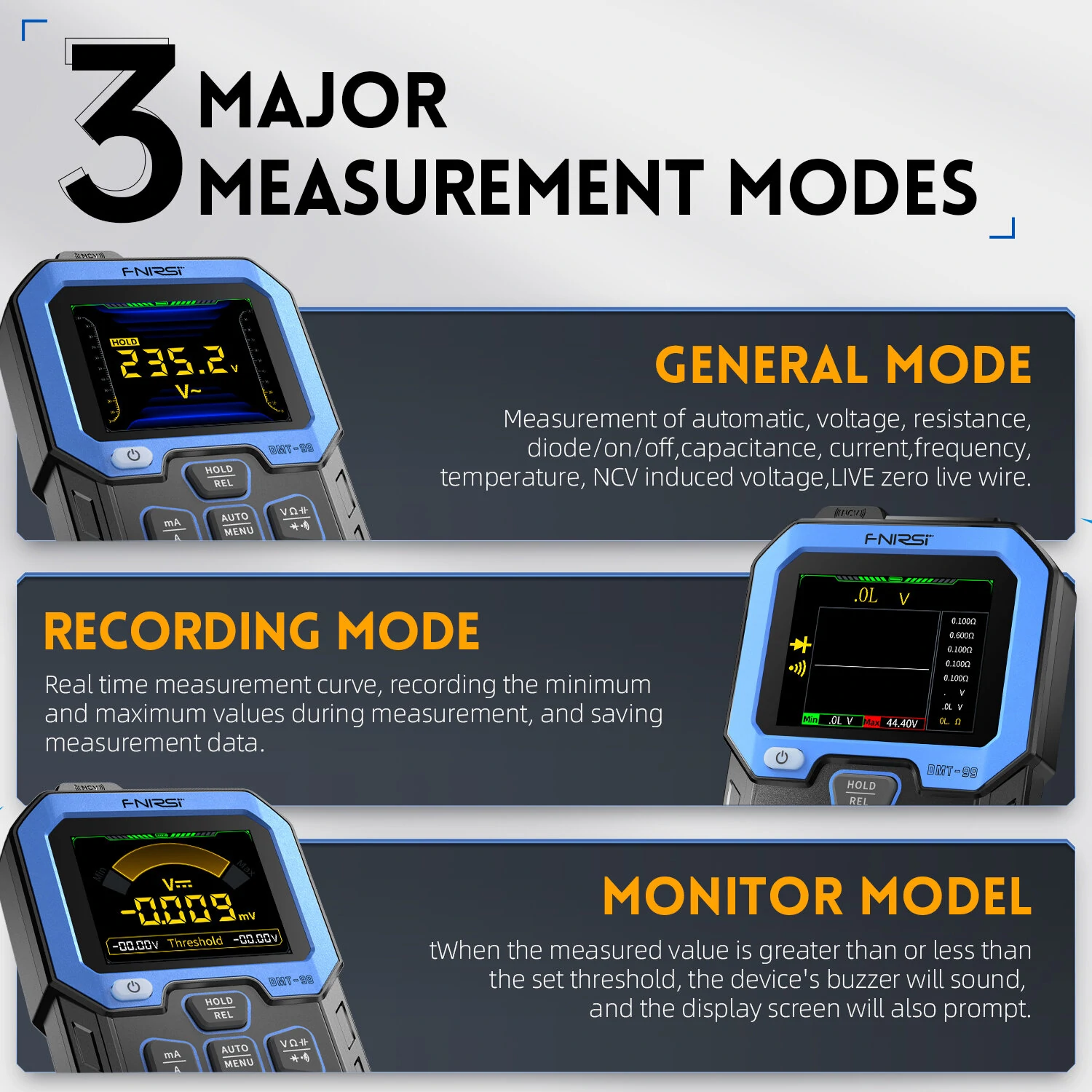 FNIRSI DMT-99 Digital Multimeter Intelligent Automatic Recognition Multiple Measurement Modes Recording Function Long-Lasting 1500mah Lithium Battery for Efficient Accurate Readings — view 6