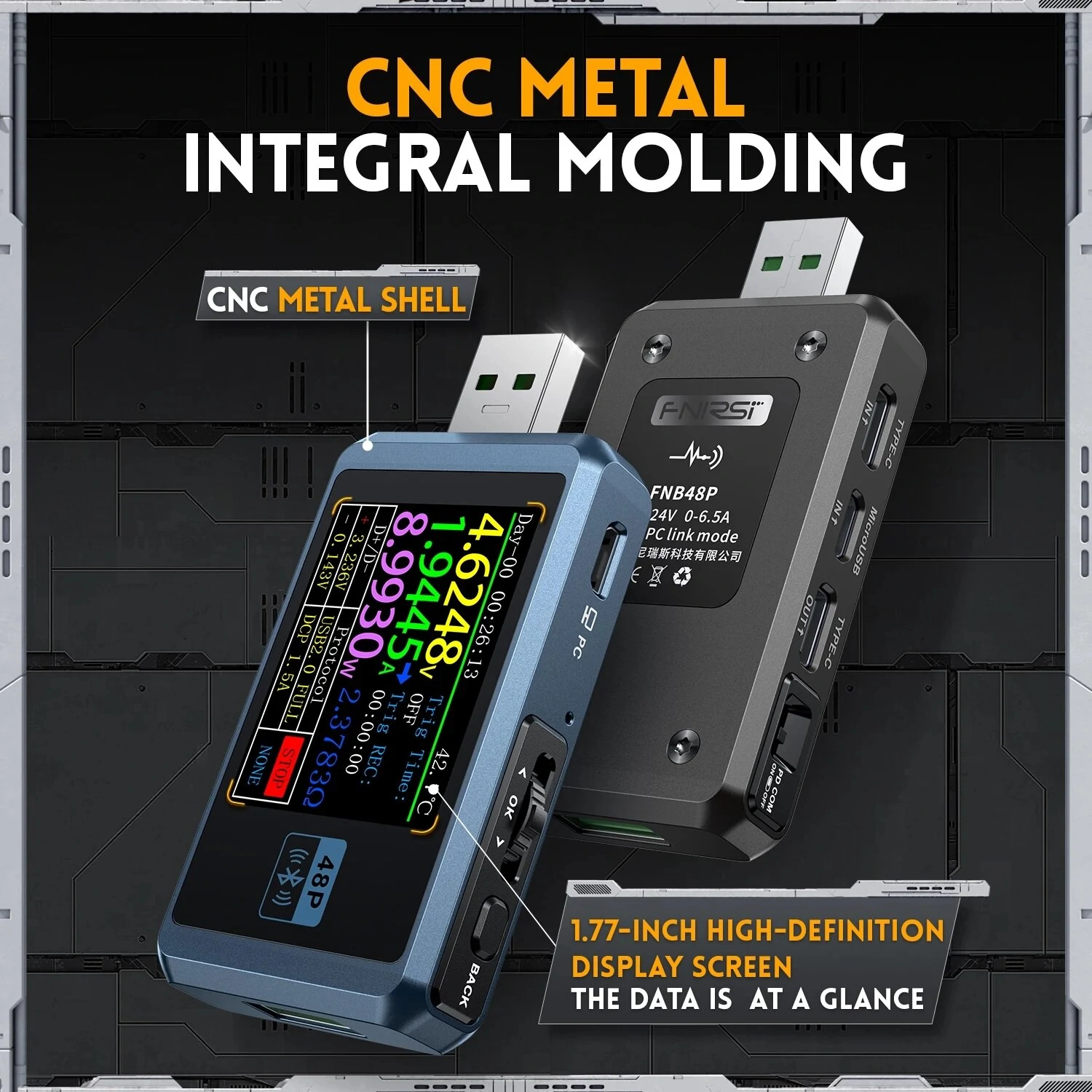 FNIRSI-FNB48P Ammeter Voltmeter USB Tester TYPE-C Fast Charge Detection Trigger Capacity Ripple Measurement with CNC Metal Shell — view 3