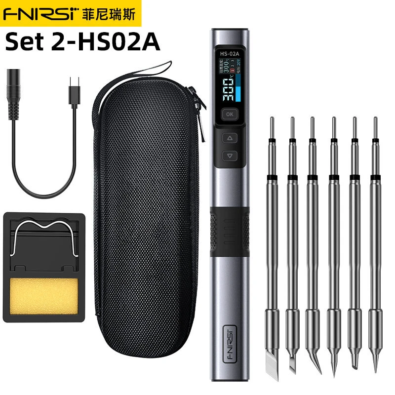 FNIRSI HS-02A Smart Soldering Iron with 6 Tips High-Power 100W Adaptable to Quick Charging PD/QC Protocol Wide Temperature Range 180-842°F Featuring Adaptive Power Efficiency 0.96 IPS HD Color Screen — FNIRSI