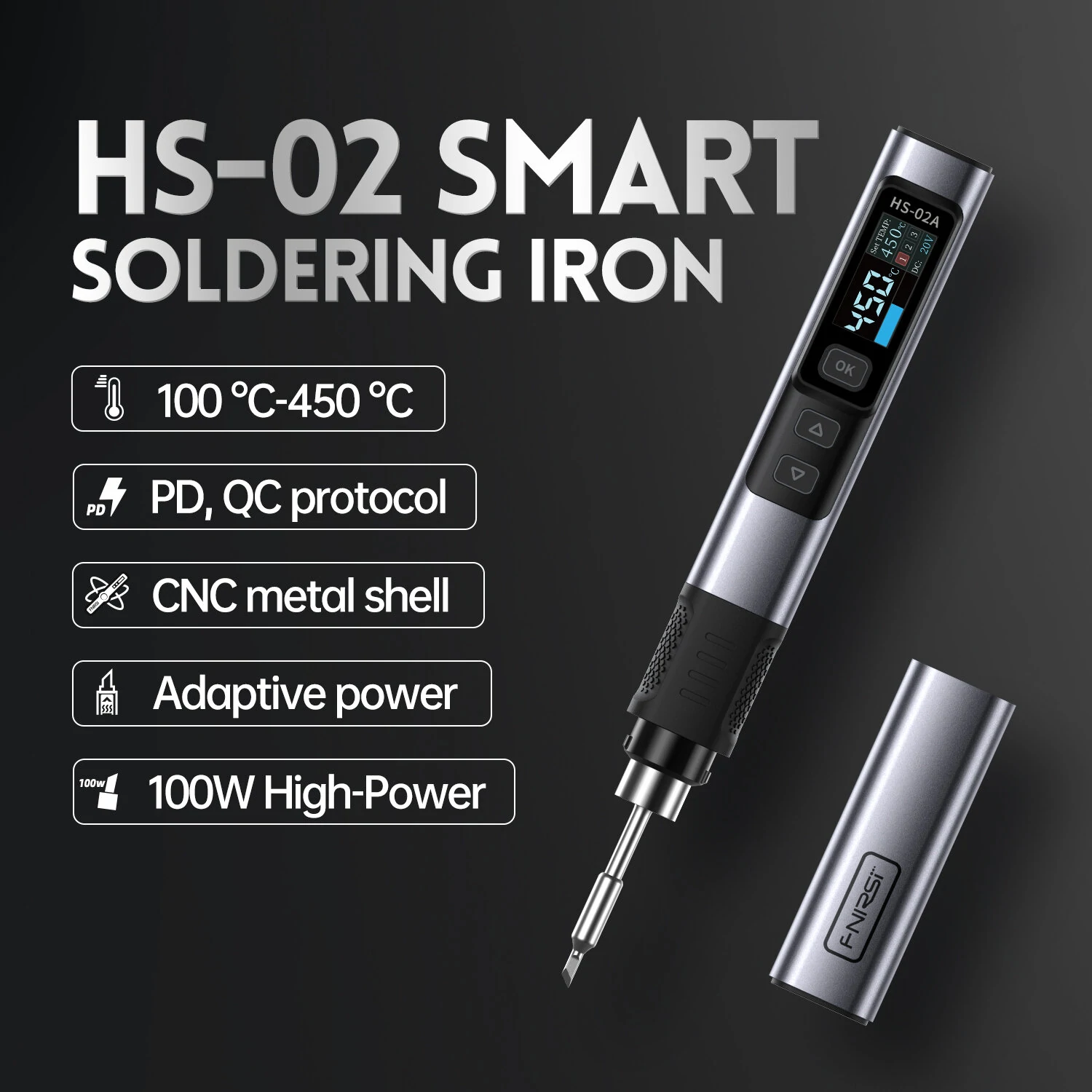 FNIRSI HS-02A Smart Soldering Iron with 6 Tips High-Power 100W Adaptable to Quick Charging PD/QC Protocol Wide Temperature Range 180-842°F Featuring Adaptive Power Efficiency 0.96 IPS HD Color Screen — view 3
