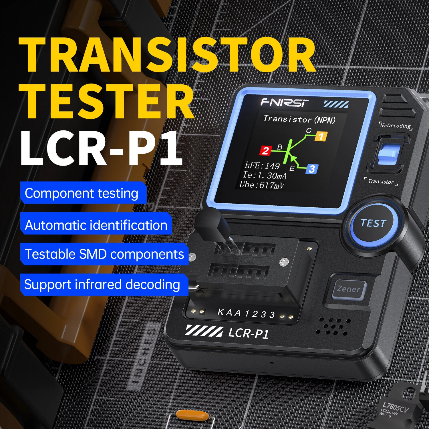 FNIRSI LCR-P1 Transistor Tester Diode Triode Capacitance Meter 1.44 Inch Color Screen USB Type-C Anti-Burn Protection — view 3