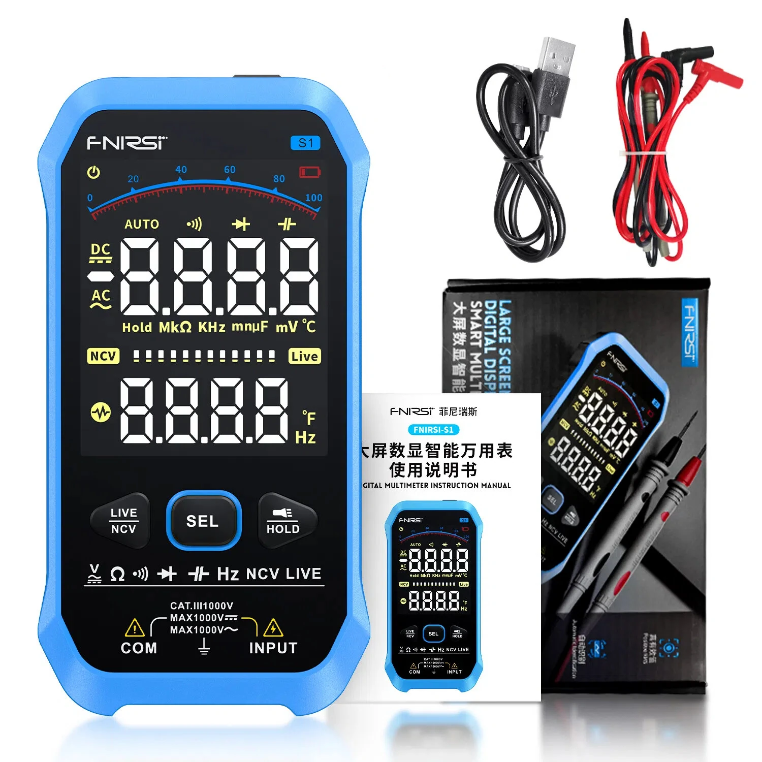 FNIRSI-S1 9999 Counts Digital Multimeter AC DC Voltage Resistance Capacitance Diode NCV Hertz Live Wire Tester with Thermocouple — view 9