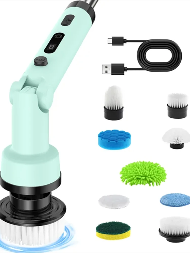 Foldable Rotating Cordless Long Handle Electric Cleaning Brush with 9 Heads Long Handle Electric Cleaning Brush Household Handheld Multifunctional Foldable Rotating No Dead Angle Cleaning Kitchen Bathroom
