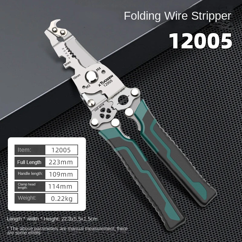Foldable Wire Stripper Plier Needle Nose Carbon Steel Blade 223mm Ergonomic Handle Black and Green Multipurpose Electrician Tool — view 8