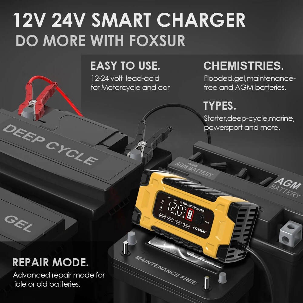 FOXSUR 12V 24V 10A Battery Charger with Intelligent Repair Screen Display for Cars and Motorcycles — view 3