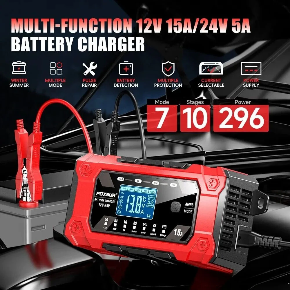FOXSUR Battery Charger 12V 24V 15A Smart Car Motorcycle Battery Charger For Lead Acid LiFePO4 AGM GEL EFB Wet Deep-Cycle Batteries — view 2