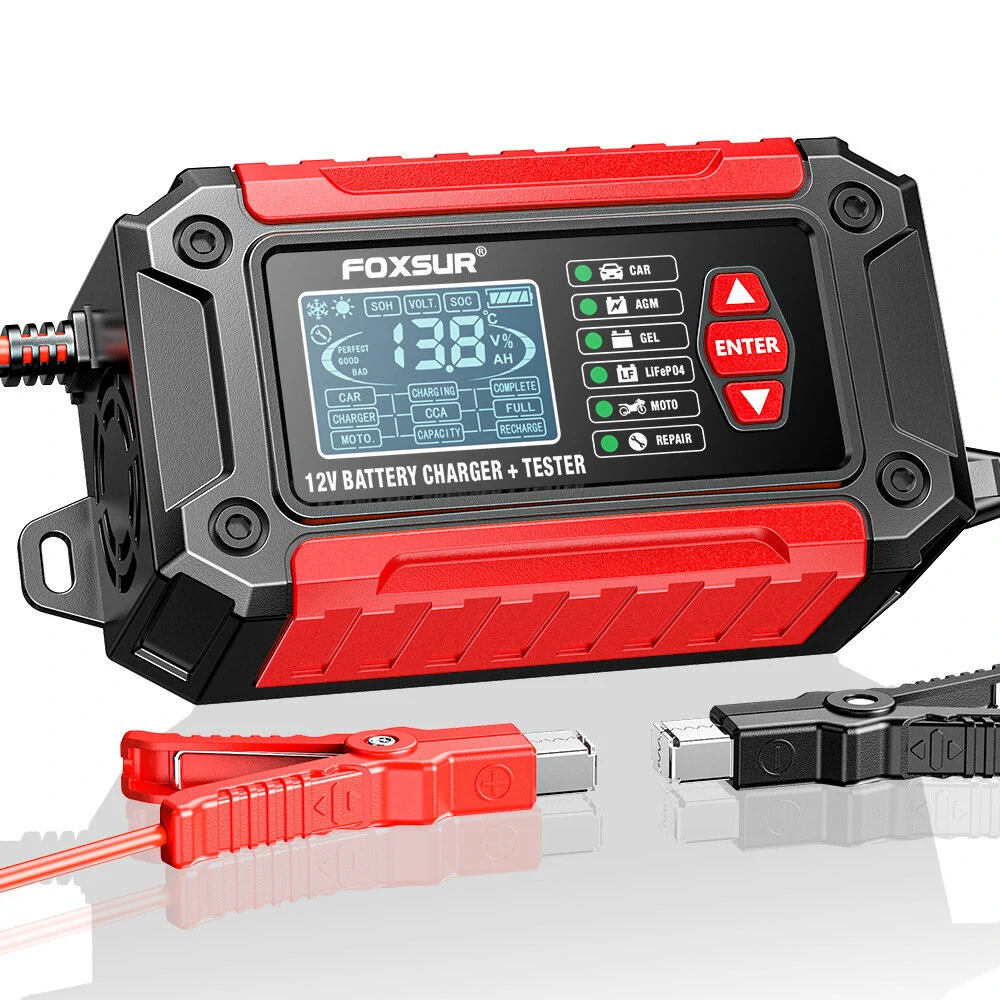 FOXUR FTC-1206 Car Battery Charger Tester with Comprehensive Health Check Precise Test Range 4AH-200AH Pulse Repair Function User-Friendly LCD Screen Safe AC to DC Charging Protection — view 2