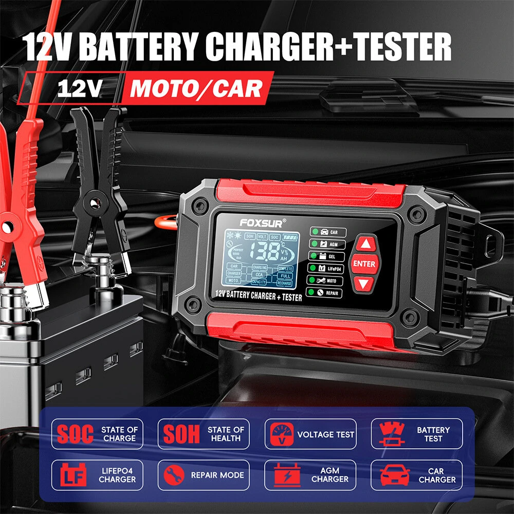 FOXUR FTC-1206 Car Battery Charger Tester with Comprehensive Health Check Precise Test Range 4AH-200AH Pulse Repair Function User-Friendly LCD Screen Safe AC to DC Charging Protection — view 3