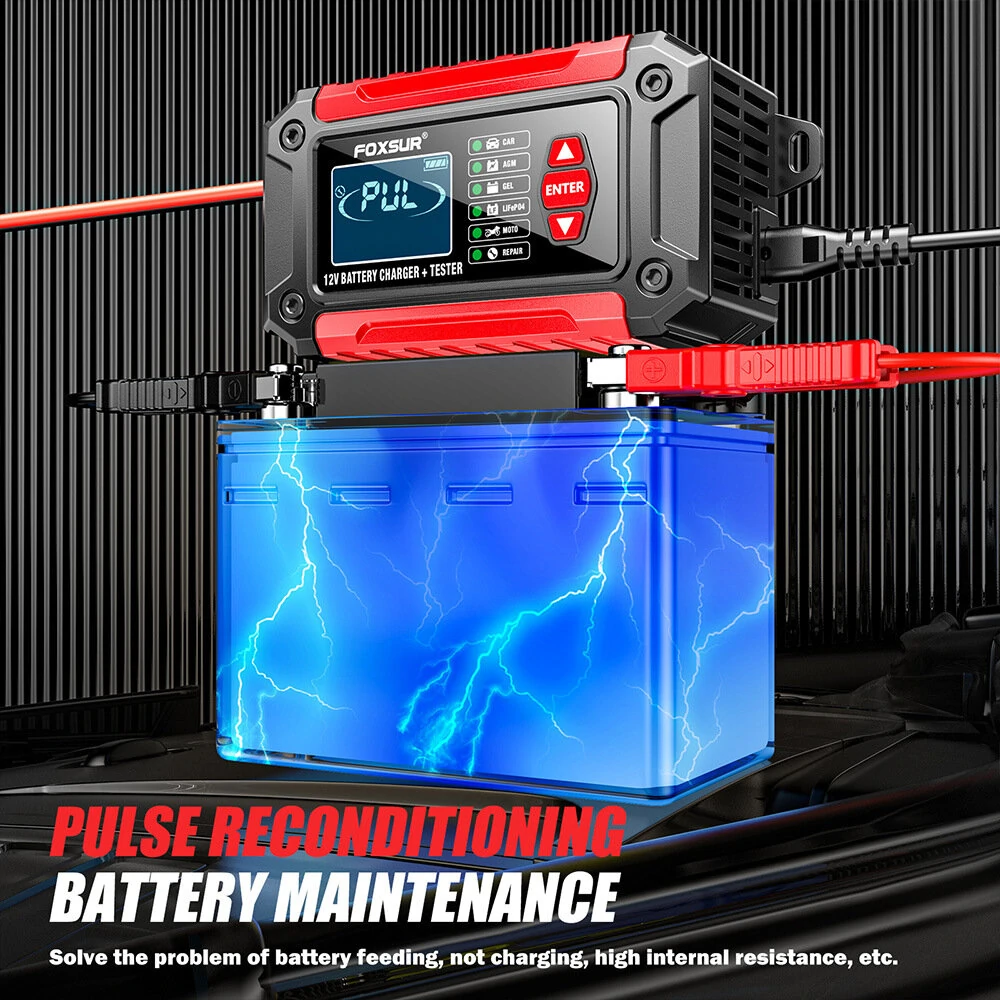 FOXUR FTC-1206 Car Battery Charger Tester with Comprehensive Health Check Precise Test Range 4AH-200AH Pulse Repair Function User-Friendly LCD Screen Safe AC to DC Charging Protection — view 5