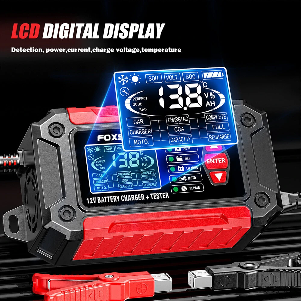 FOXUR FTC-1206 Car Battery Charger Tester with Comprehensive Health Check Precise Test Range 4AH-200AH Pulse Repair Function User-Friendly LCD Screen Safe AC to DC Charging Protection — view 7