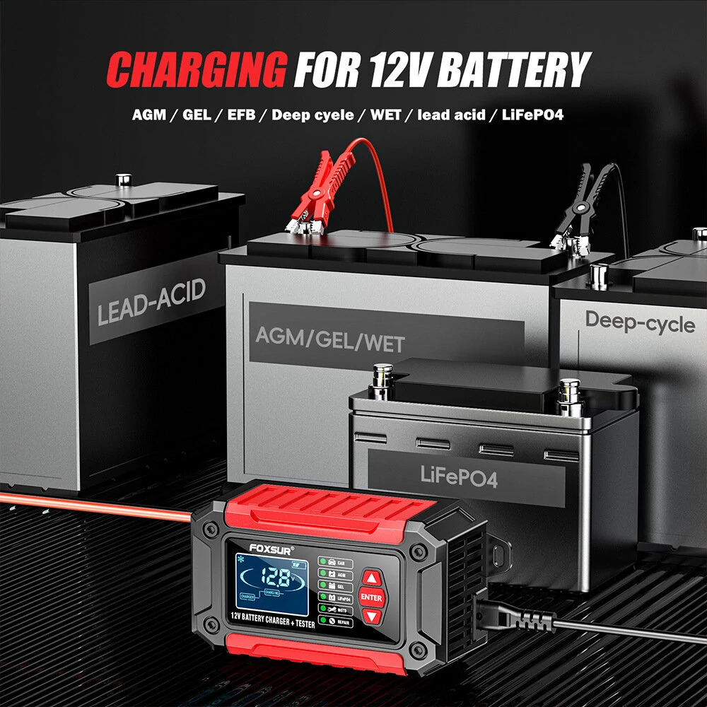 FOXUR FTC-1206 Car Battery Charger Tester with Comprehensive Health Check Precise Test Range 4AH-200AH Pulse Repair Function User-Friendly LCD Screen Safe AC to DC Charging Protection — view 8