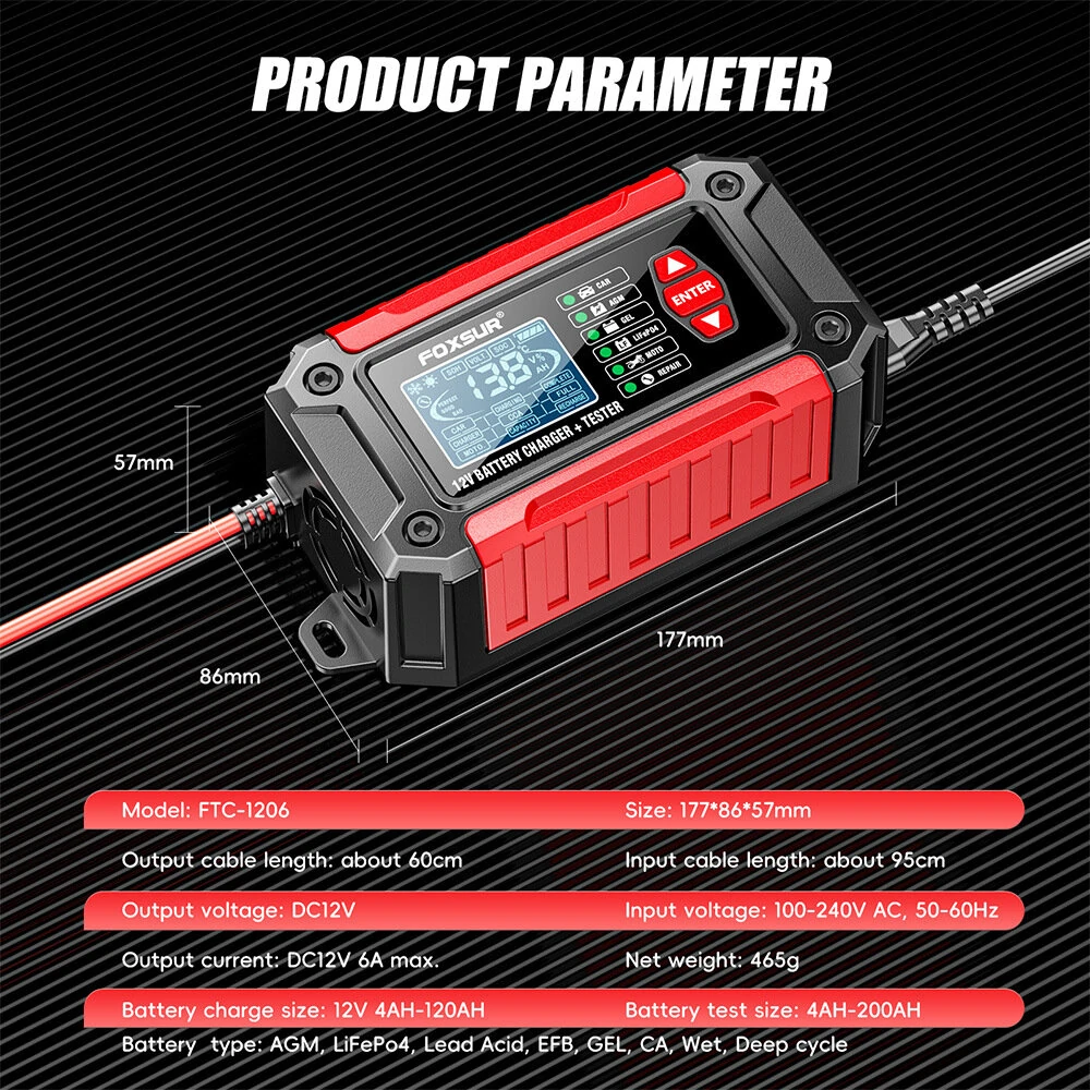 FOXUR FTC-1206 Car Battery Charger Tester with Comprehensive Health Check Precise Test Range 4AH-200AH Pulse Repair Function User-Friendly LCD Screen Safe AC to DC Charging Protection — view 9