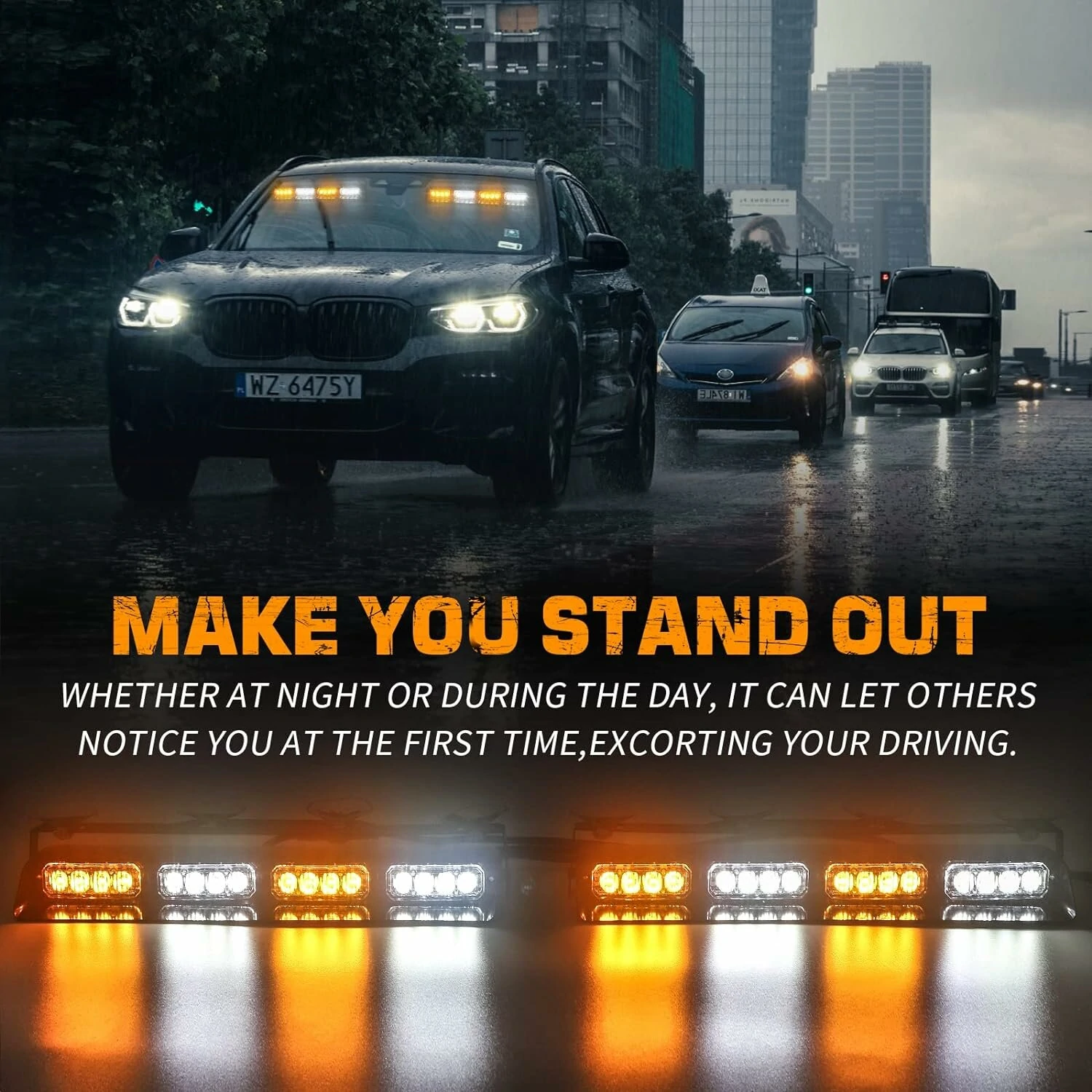 Front/Rear Windshield Interior Emergency Driving Strobe Light Safety Flashing Warning Danger Split Light Strip with Suction Cup for Construction Vehicles Truck — view 4