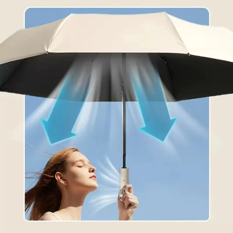 Fully Automatic Folding Umbrella with Fan USB Charge Cool Ultra-light Parasol Black Coating UPF50+ Sun-resistant Umbrellas — Fully
