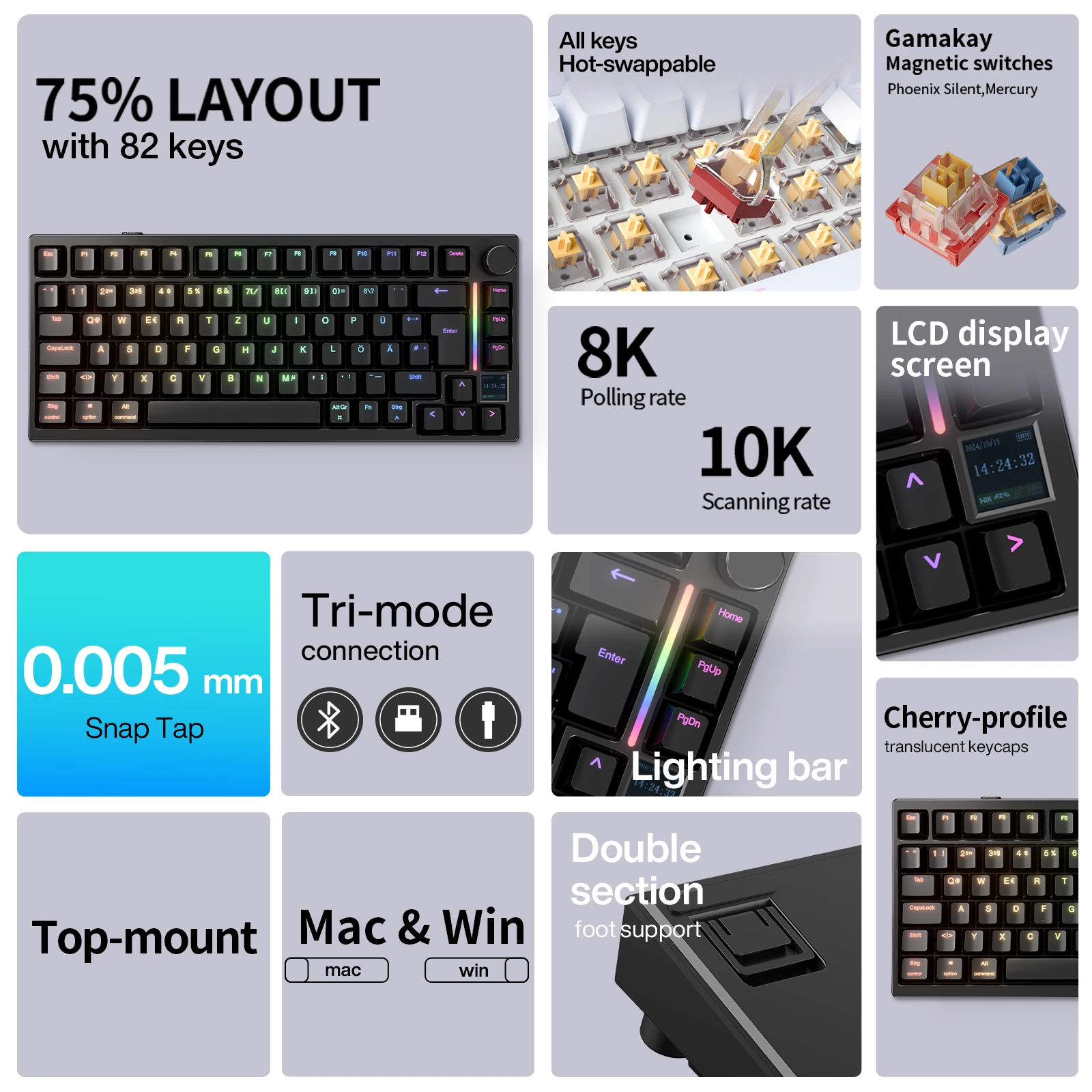 Gamakay TK75HE V2 Hall Effect Tri-mode Magnetic Keyboard 8K Polling Rate 0.005mm RT Accuracy TOP Structure 75% US / DE ISO Layout DIY Customization Wireless Mechanical Gaming — view 8