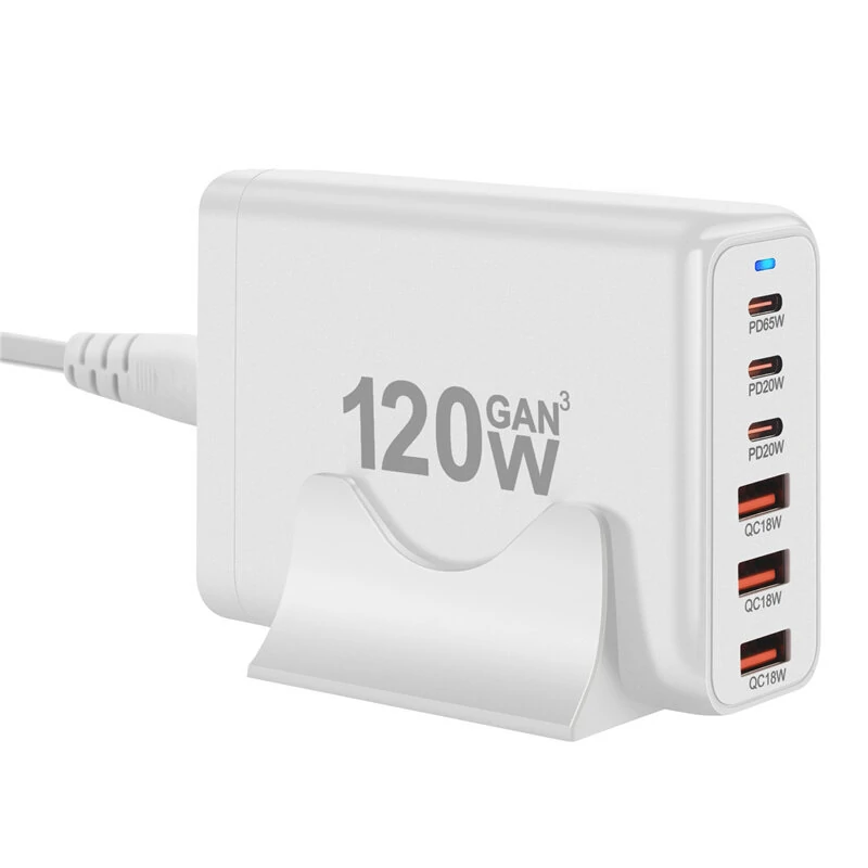 [GaN Tech] 120W 6-Port USB PD Charger 3USB-A+3USB-C Fast Charging Desktop Charging Station EU Plug for iPhone 15 14 13 for Huawei Pura 70 Ultra for Xiaomi 14pro for Samsung Galaxy S24 — view 3