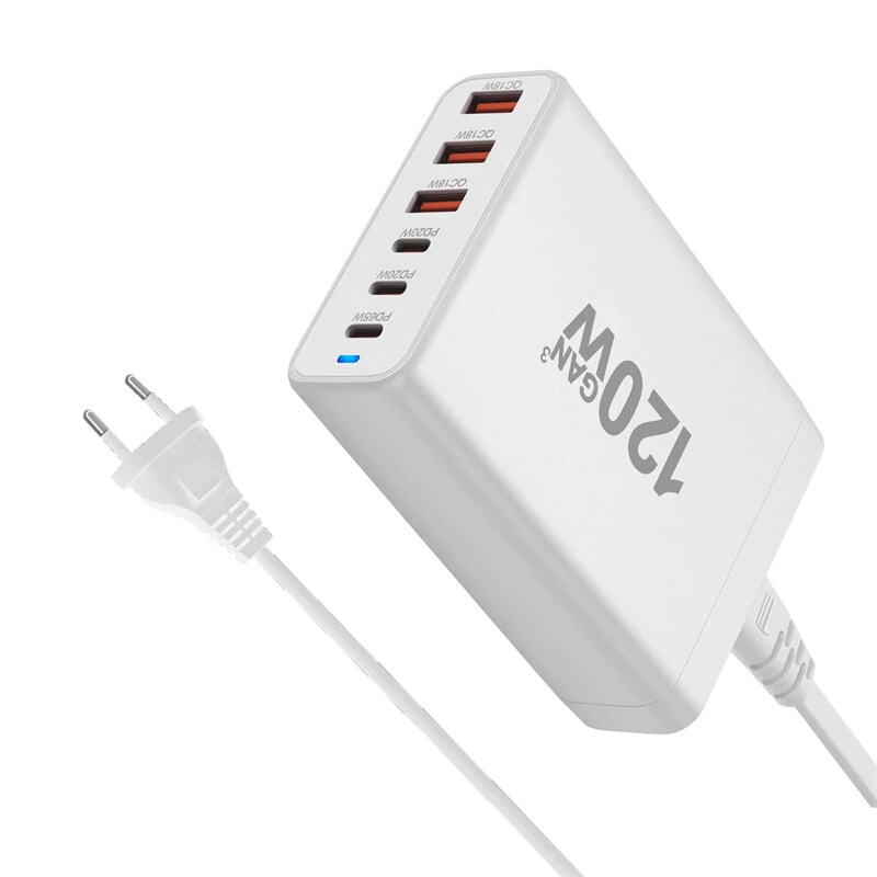[GaN Tech] 120W 6-Port USB PD Charger 3USB-A+3USB-C Fast Charging Desktop Charging Station EU Plug for iPhone 15 14 13 for Huawei Pura 70 Ultra for Xiaomi 14pro for Samsung Galaxy S24 — view 6