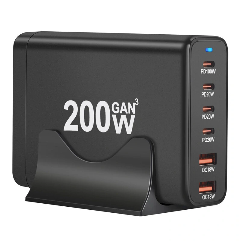 [GaN Tech] 200W 6-Port USB PD Charger 2USB-A+4USB-C Fast Charging Desktop Charging Station EU Plug for iPhone 15 14 13 for Huawei Mate60 Pro for Xiaomi Civi4 Pro for Samsung Galaxy S24 — GaN