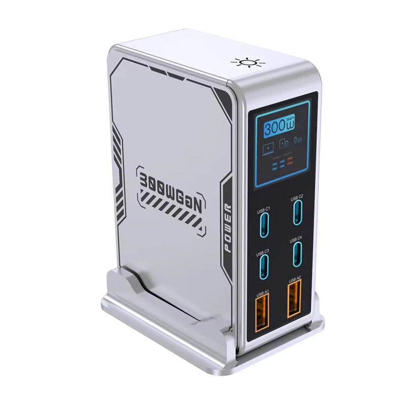 [GaN Tech] 300W 6-Port USB PD Charger 2USB-A+4USB-C PD3.0 Digital Display Fast Charging Desktop Charger Station for iPhone 17 17Pro 16 15 Pro Max 14 13 for MacBook Pro for Airpods for Apple Watch — view 2