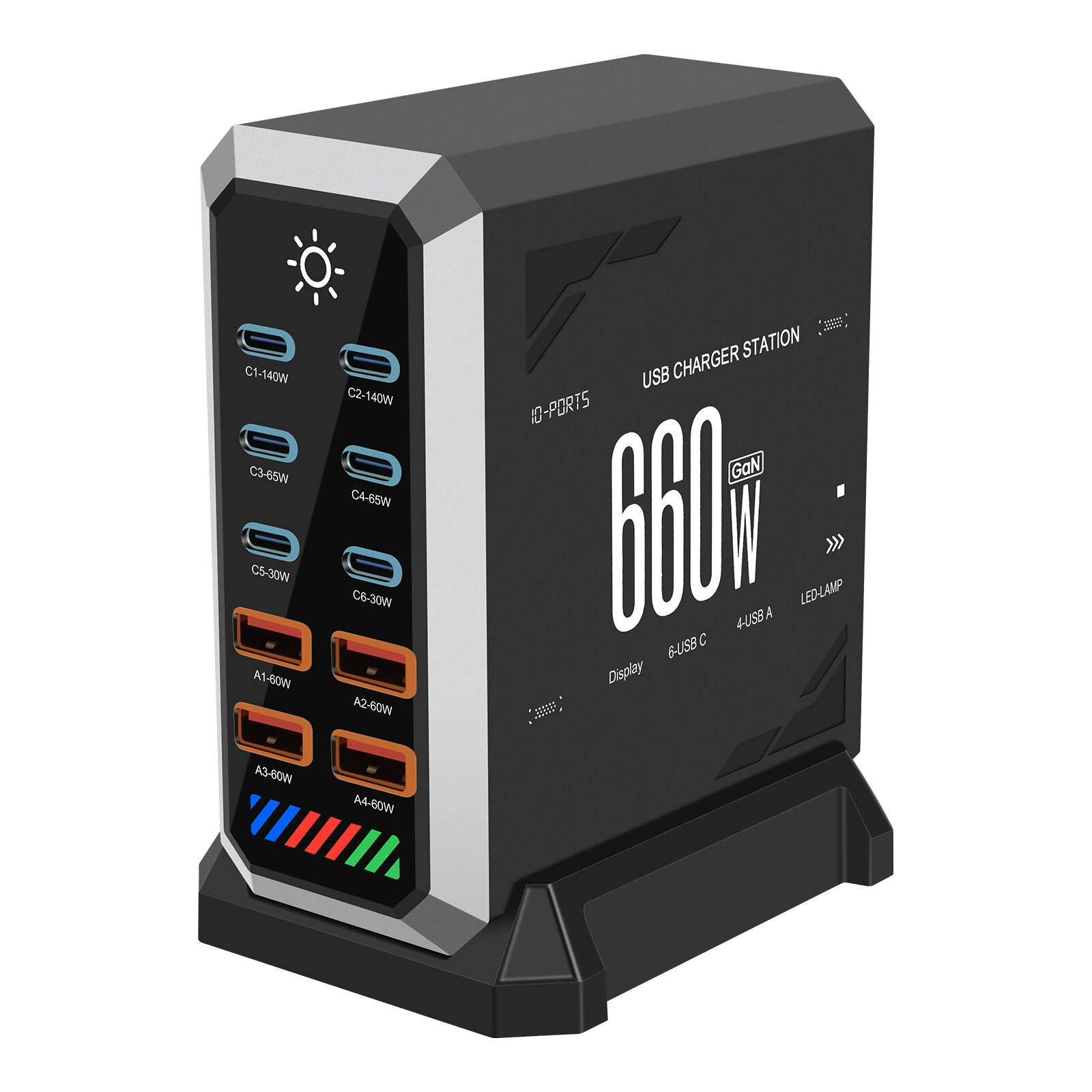 [GaN Tech] 660W 10-Port USB PD Charger 6USB-C+4USB-A QC 140W PD 3.1 Fast Charging Desktop Charging Station for iPhone 16 16 Pro 15 14 13 Pro Max for MacBook Pro for Airpods for Apple Watch  for iPad — GaN