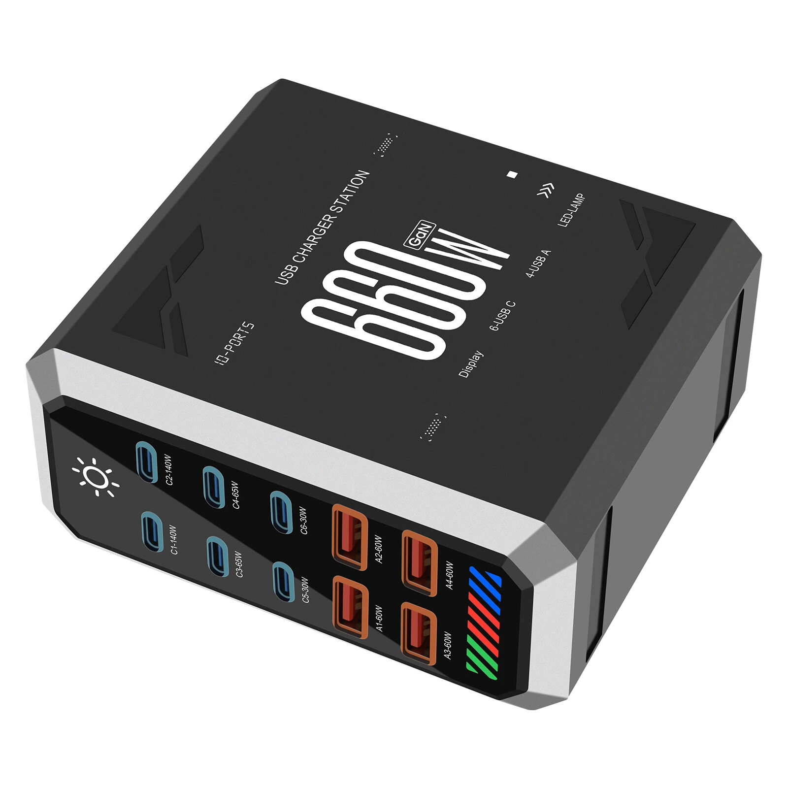 [GaN Tech] 660W 10-Port USB PD Charger 6USB-C+4USB-A QC 140W PD 3.1 Fast Charging Desktop Charging Station for iPhone 16 16 Pro 15 14 13 Pro Max for MacBook Pro for Airpods for Apple Watch  for iPad — view 10
