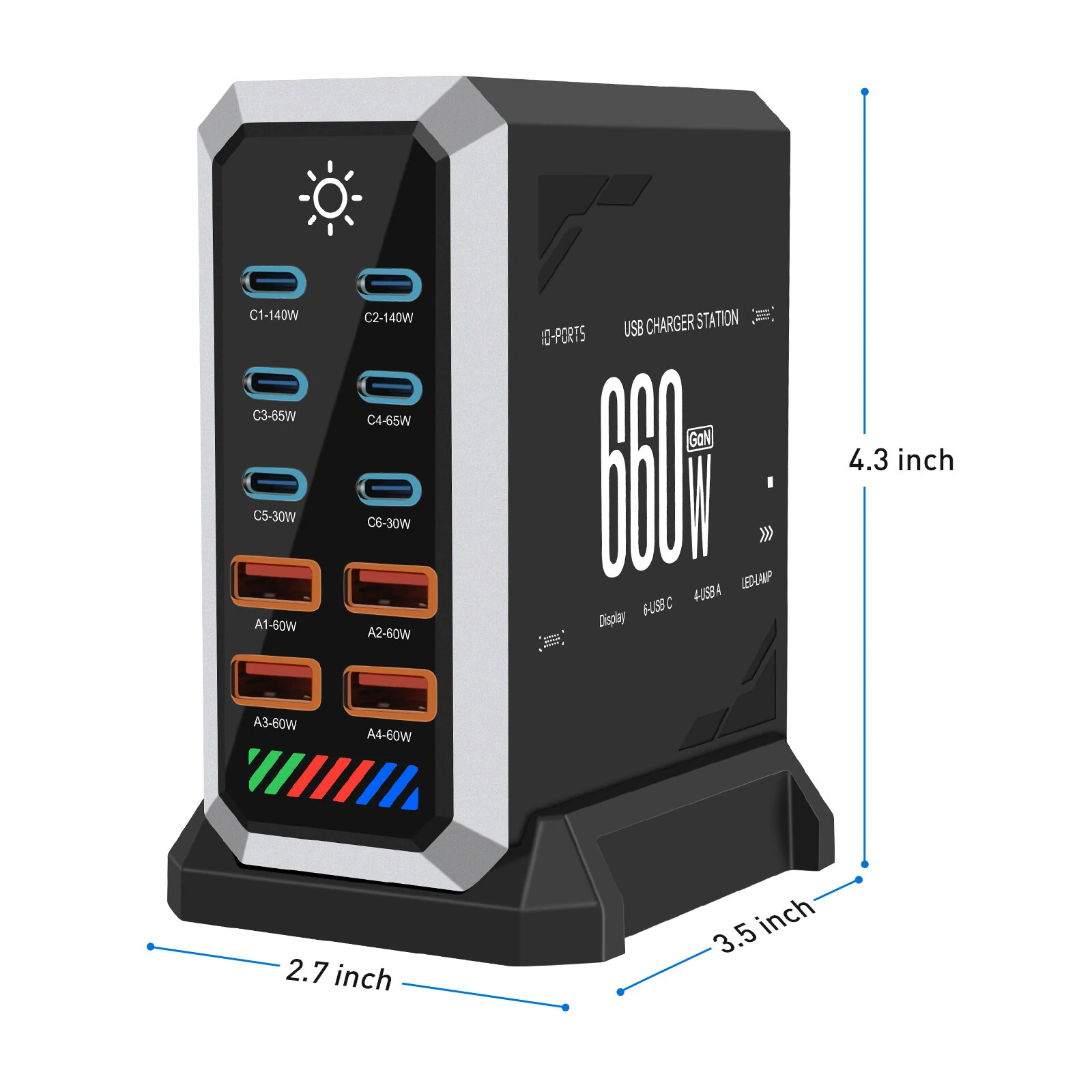 [GaN Tech] 660W 10-Port USB PD Charger 6USB-C+4USB-A QC 140W PD 3.1 Fast Charging Desktop Charging Station for iPhone 16 16 Pro 15 14 13 Pro Max for MacBook Pro for Airpods for Apple Watch  for iPad — view 11