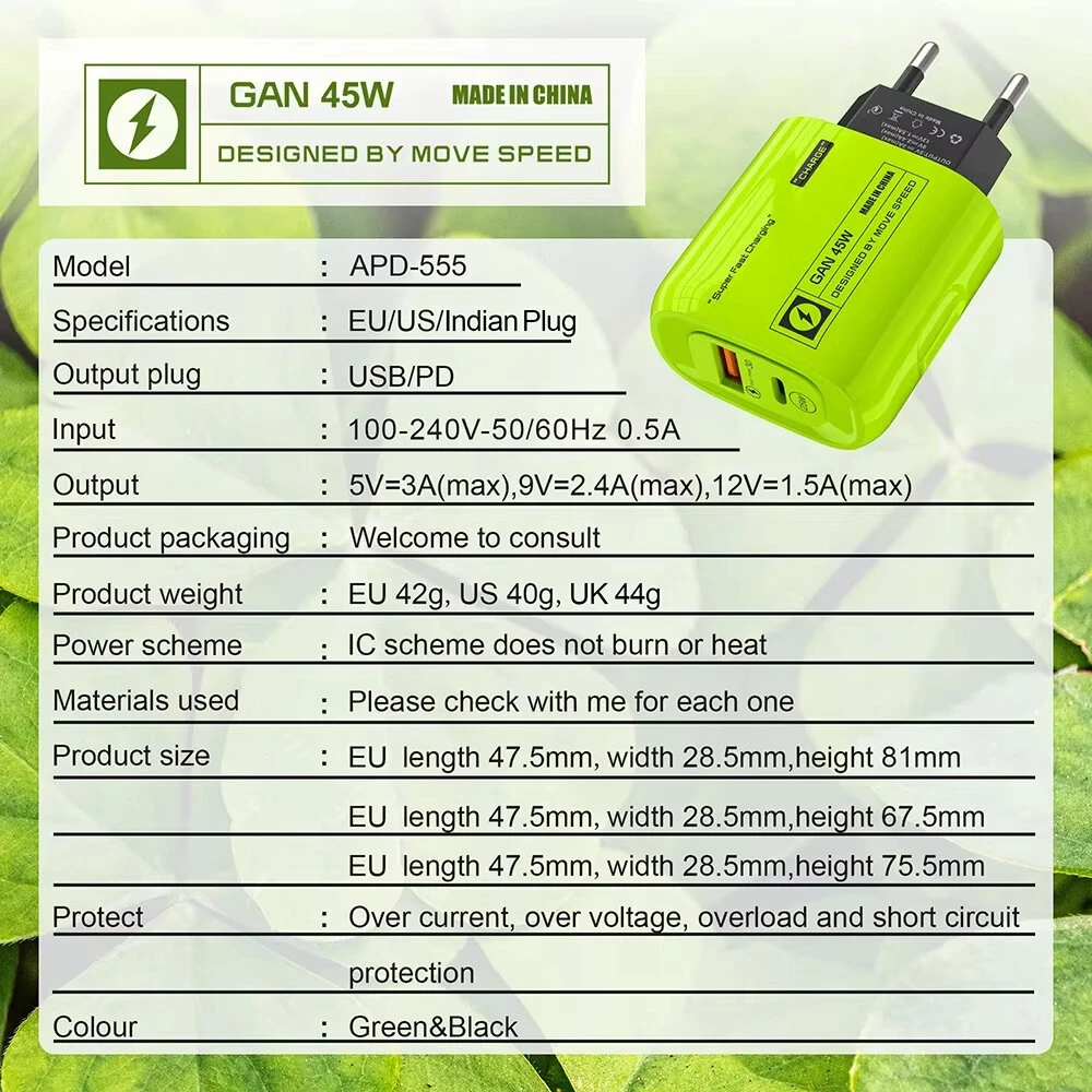 [GaN Tech] APD-555 45W 2-Port USB PD Charger USB-A+USB-C PD Fast Charging Wall Charger Adapter EU Plug US Plug for iPhone 16 15 14 13 Pro Max for Huawei Mate XT for Xiaomi MIX Fold4 for Samsung Galaxy Z Flip6 — view 8