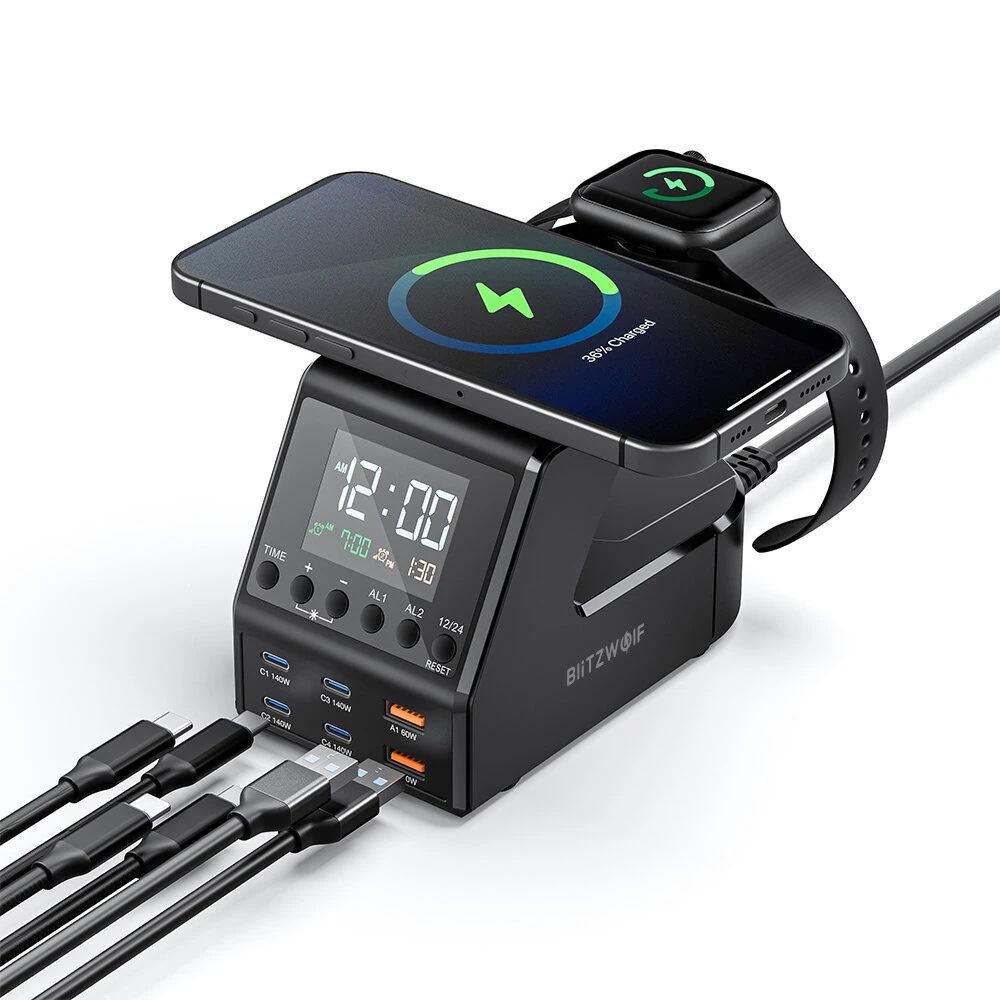 [GaN Tech] Blitzwolf BW-FW10 240W 10-in-1 Wireless Alarm Clock Charger 2USB-A+4USB-C PD3.1/3.0 QC4.0/3.0/2.0 PPS AFC SCP FCP Fast Charging Desktop Charging Station with Time Display and 2 Alarm Clocks EU Plug for iPhone 16 16 Pro 15 14 Pro Max for Xiaomi
