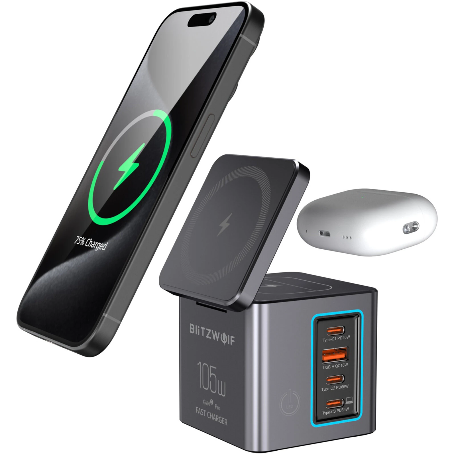 [GaN Tech] Blitzwolf BW-i113 105W 6-in-1 Desktop Charging Station with Wireless Charger PD QC Fast Charging with LED Light EU Plug for iPhone 16 16 Pro 15 14 13 Pro Max for iPad Pro for Macbook Pro for Airpods — view 2
