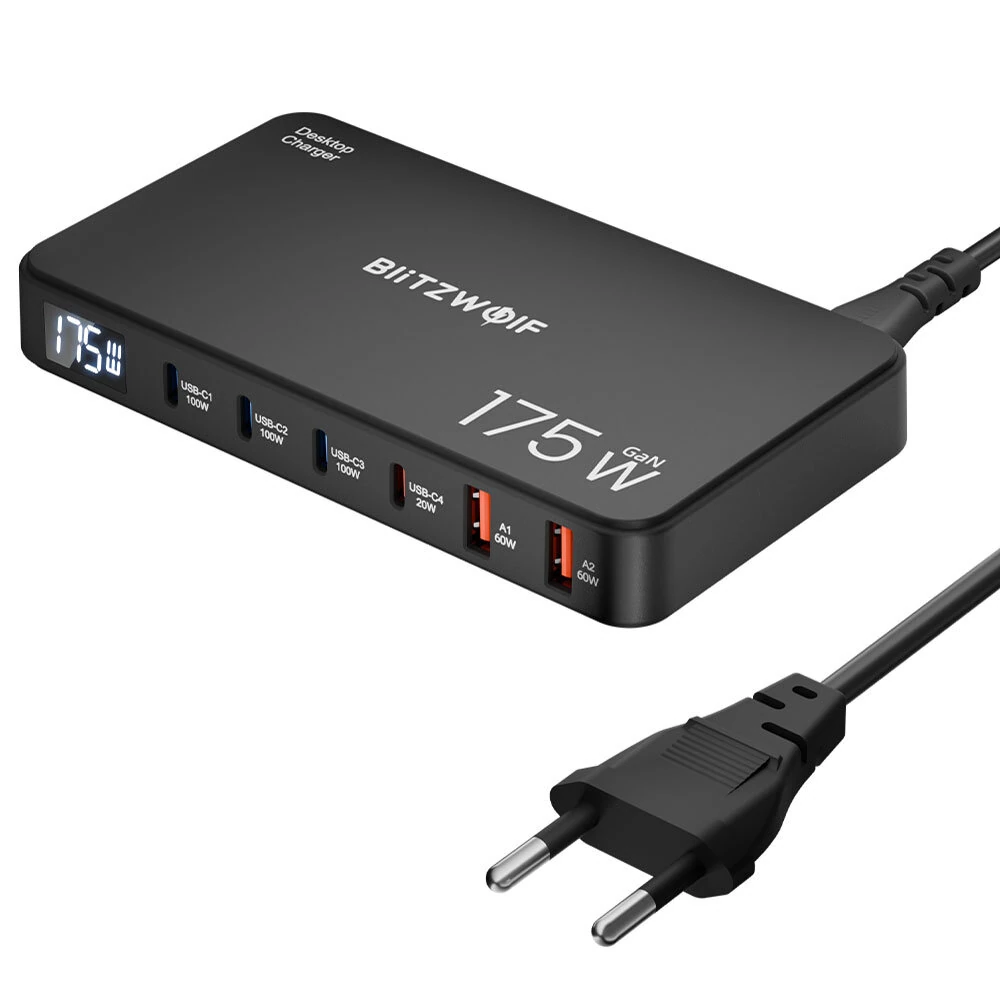 [GaN Tech] Blitzwolf® BW-S30 175W 6-Port USB PD Charger 4USB-C+2USB-A QC PD Digital Display Fast Charging Desktop Charging Station for iPhone 16 16 Pro 15 14 13 Pro Max for MacBook Pro for Airpods for Apple Watch — view 11
