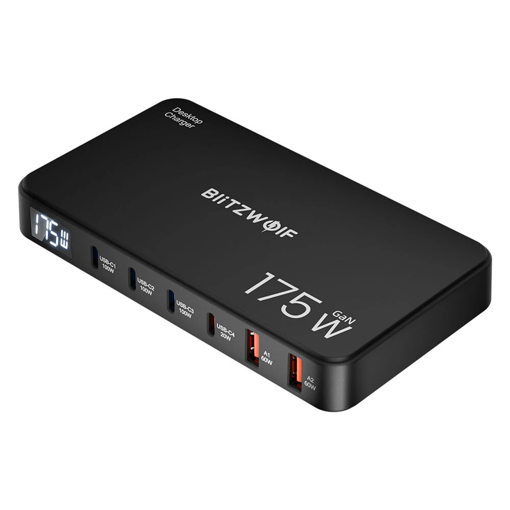 [GaN Tech] Blitzwolf® BW-S30 175W 6-Port USB PD Charger 4USB-C+2USB-A QC PD Digital Display Fast Charging Desktop Charging Station for iPhone 16 16 Pro 15 14 13 Pro Max for MacBook Pro for Airpods for Apple Watch — view 2